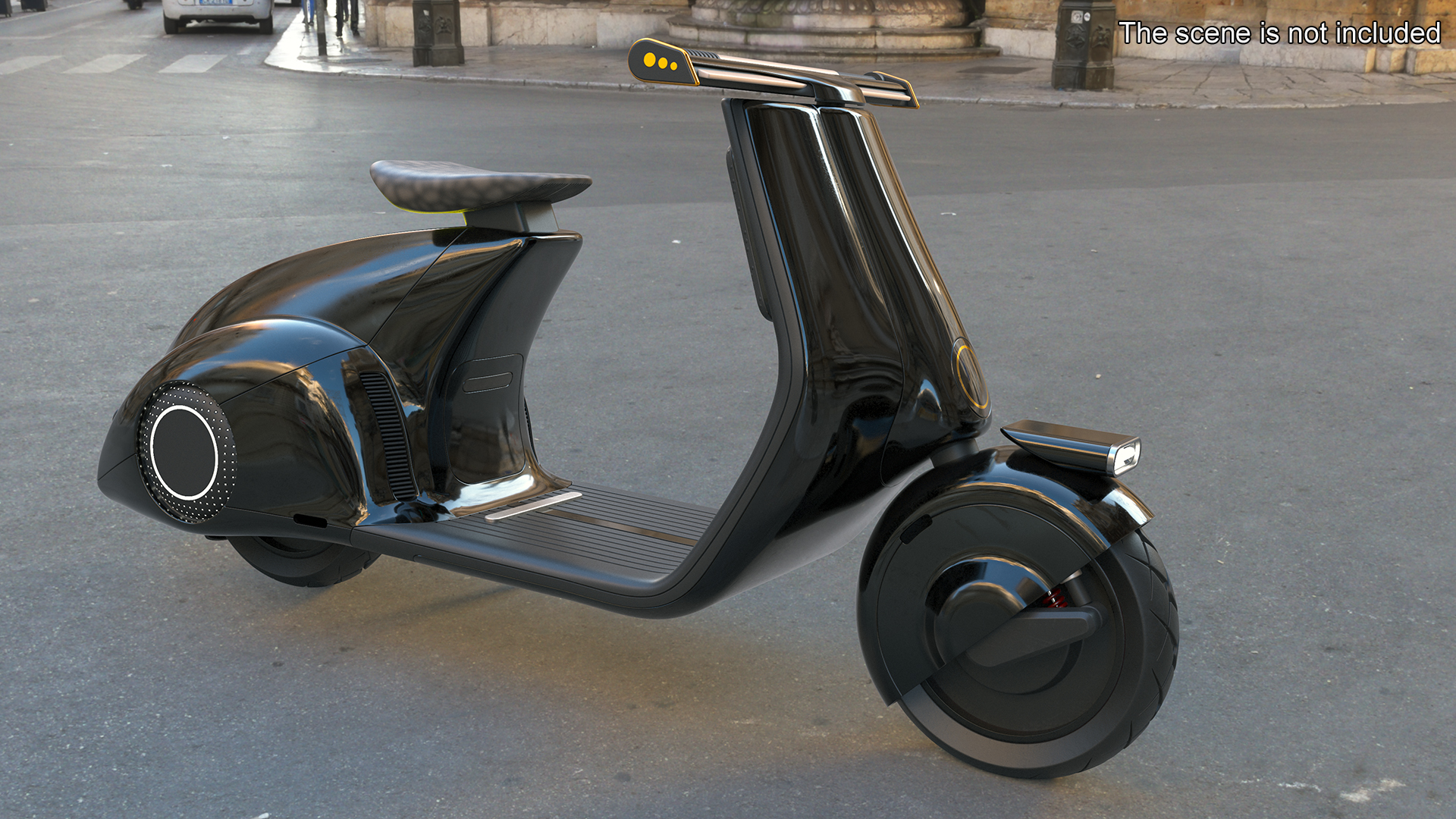 3D Designer Black Electric Scooter Parked Lights On model