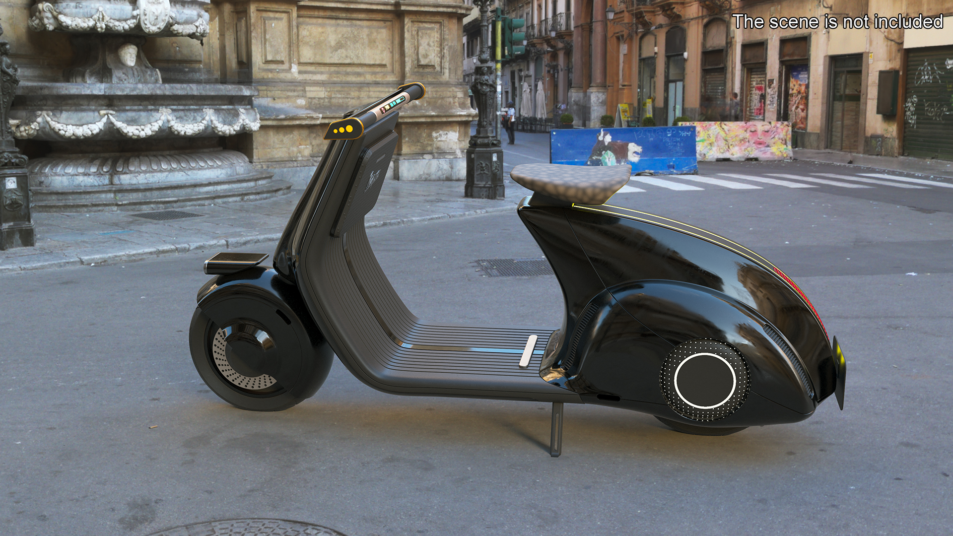 3D Designer Black Electric Scooter Parked Lights On model