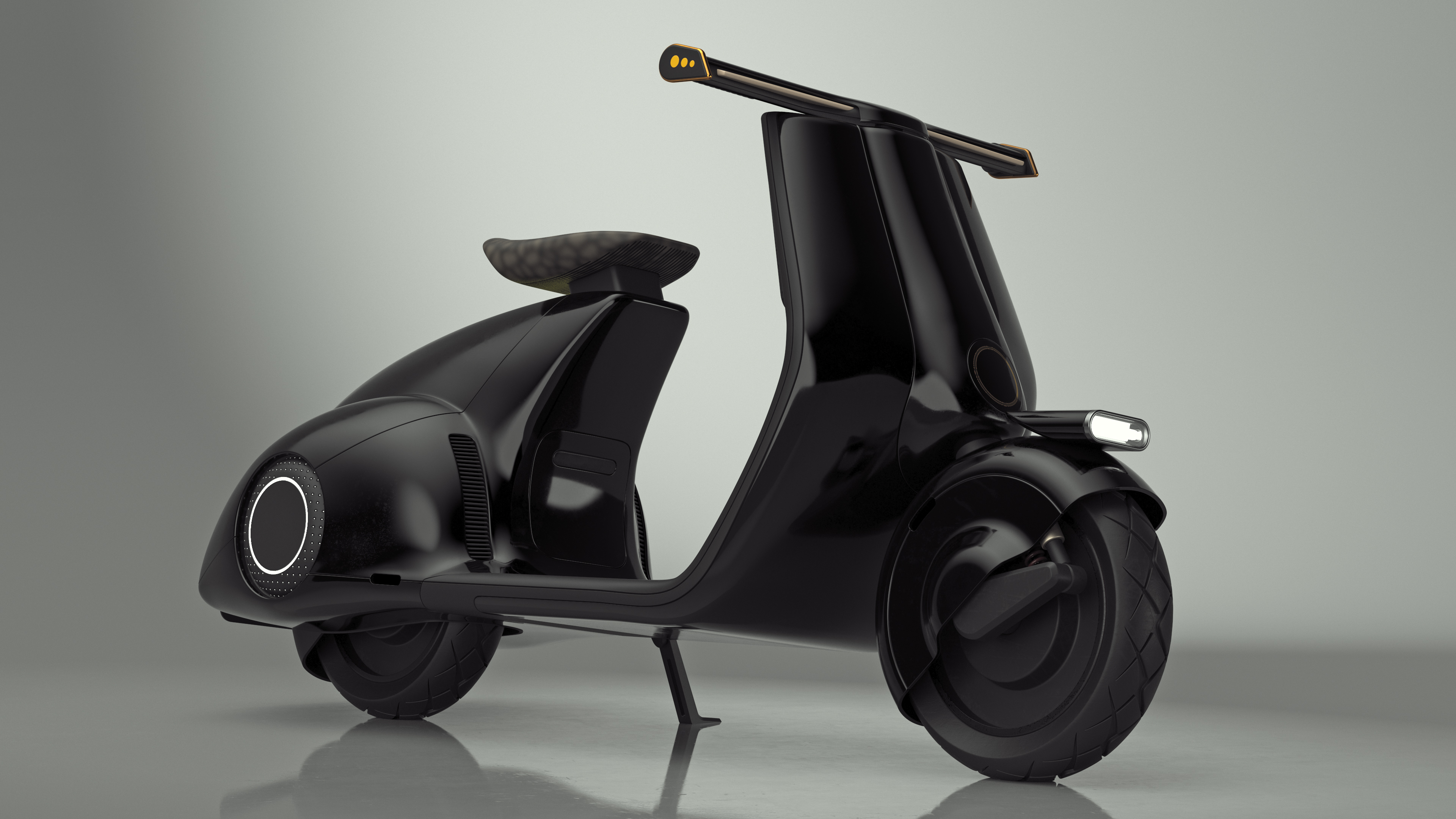 3D Designer Black Electric Scooter Parked Lights On model