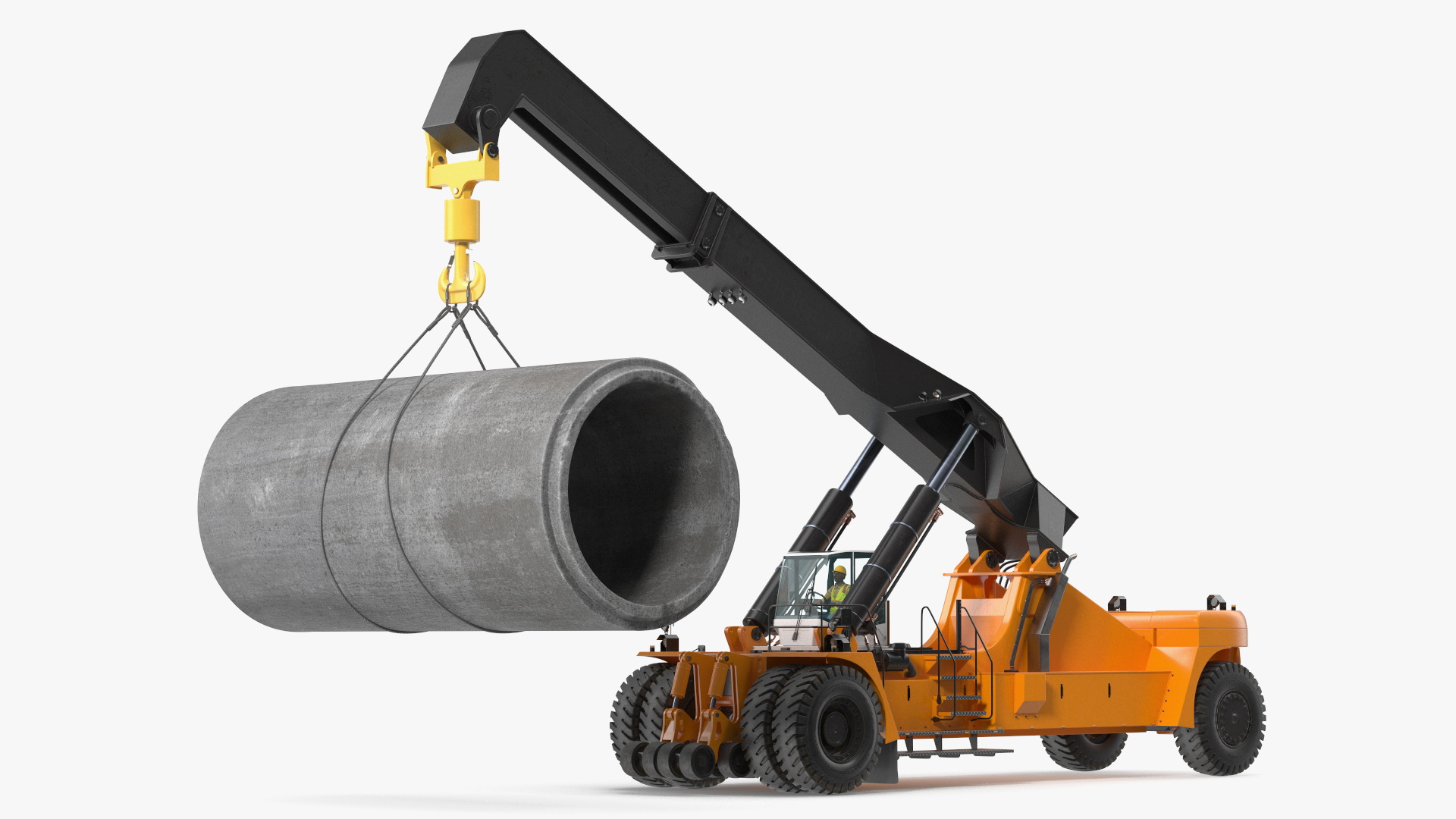 Worker on a Reachstacker Loading Concrete Pipes 3D
