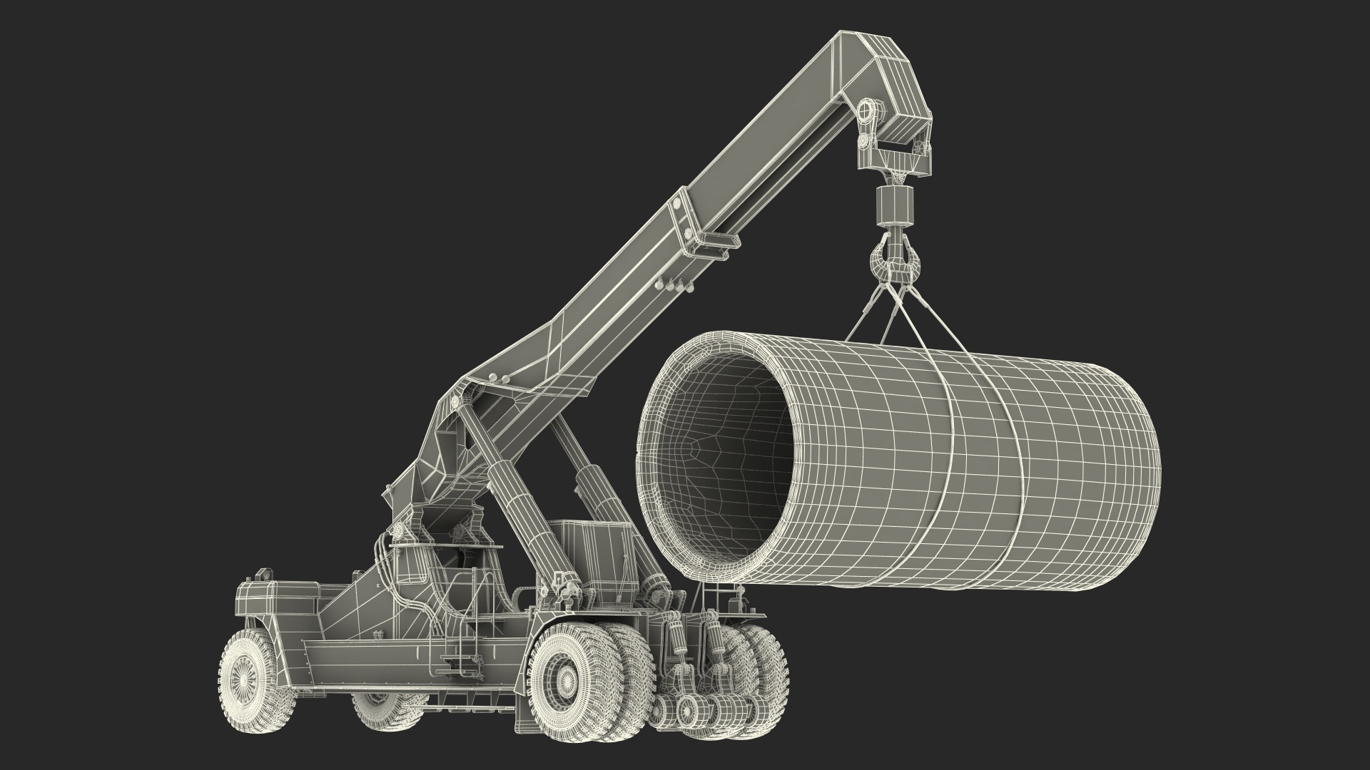 Worker on a Reachstacker Loading Concrete Pipes 3D