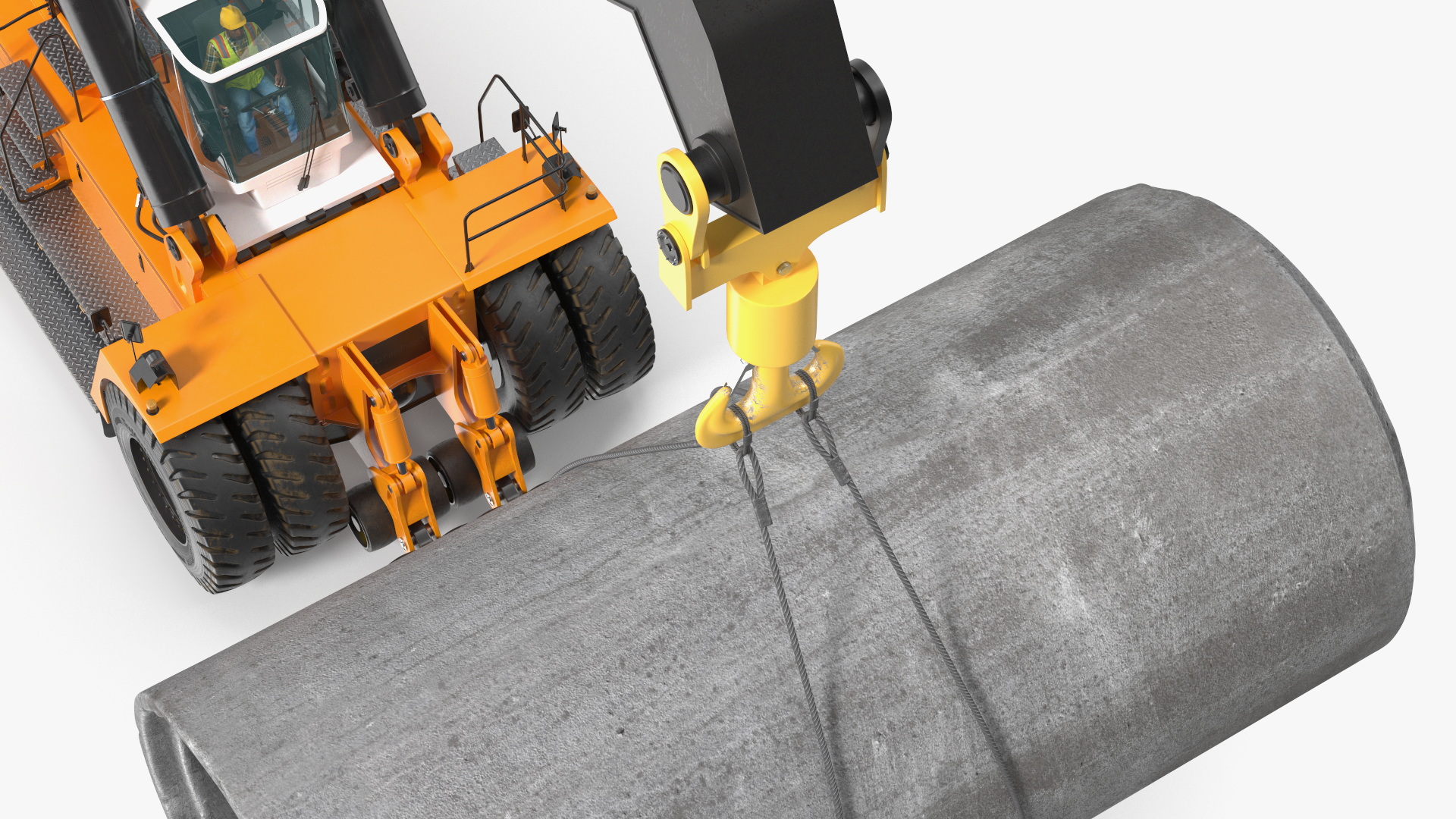 Worker on a Reachstacker Loading Concrete Pipes 3D