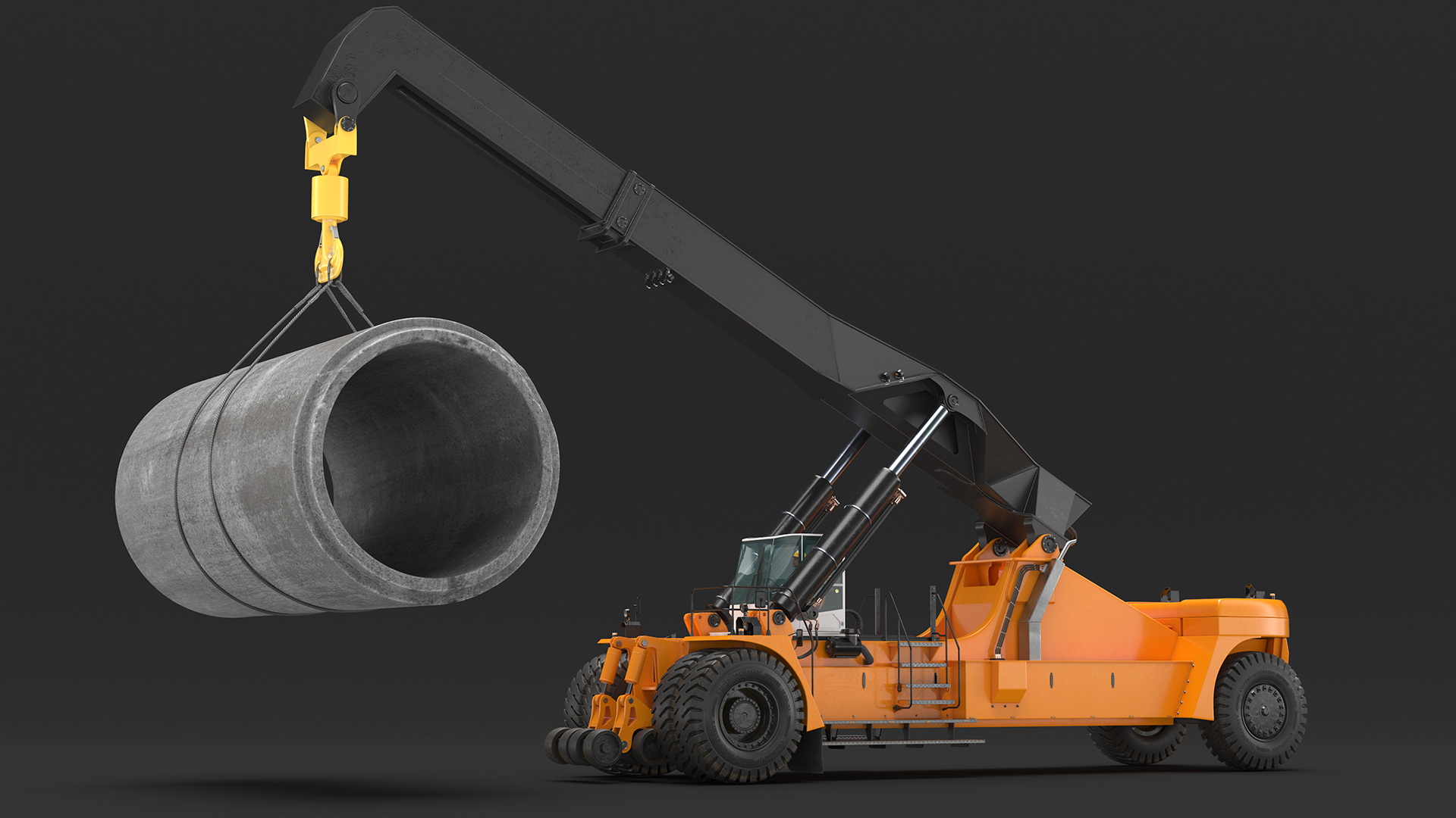 Worker on a Reachstacker Loading Concrete Pipes 3D