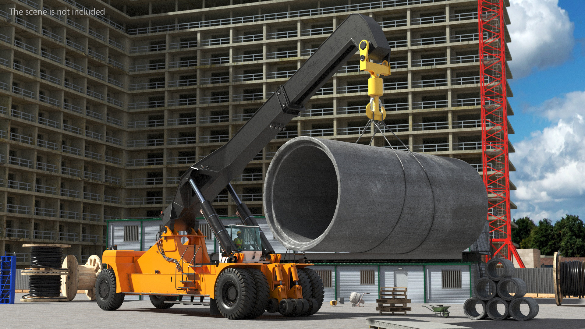 Worker on a Reachstacker Loading Concrete Pipes 3D