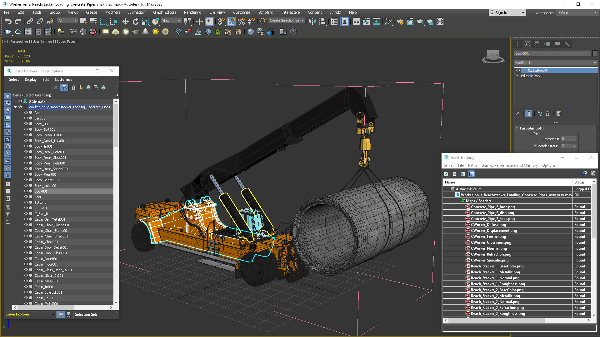Worker on a Reachstacker Loading Concrete Pipes 3D