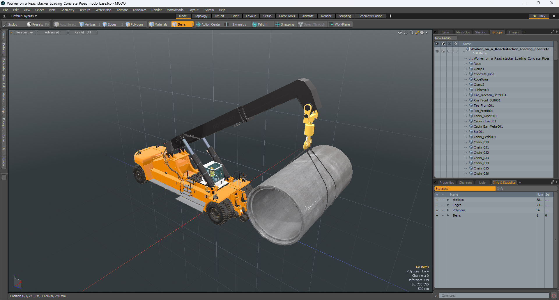 Worker on a Reachstacker Loading Concrete Pipes 3D