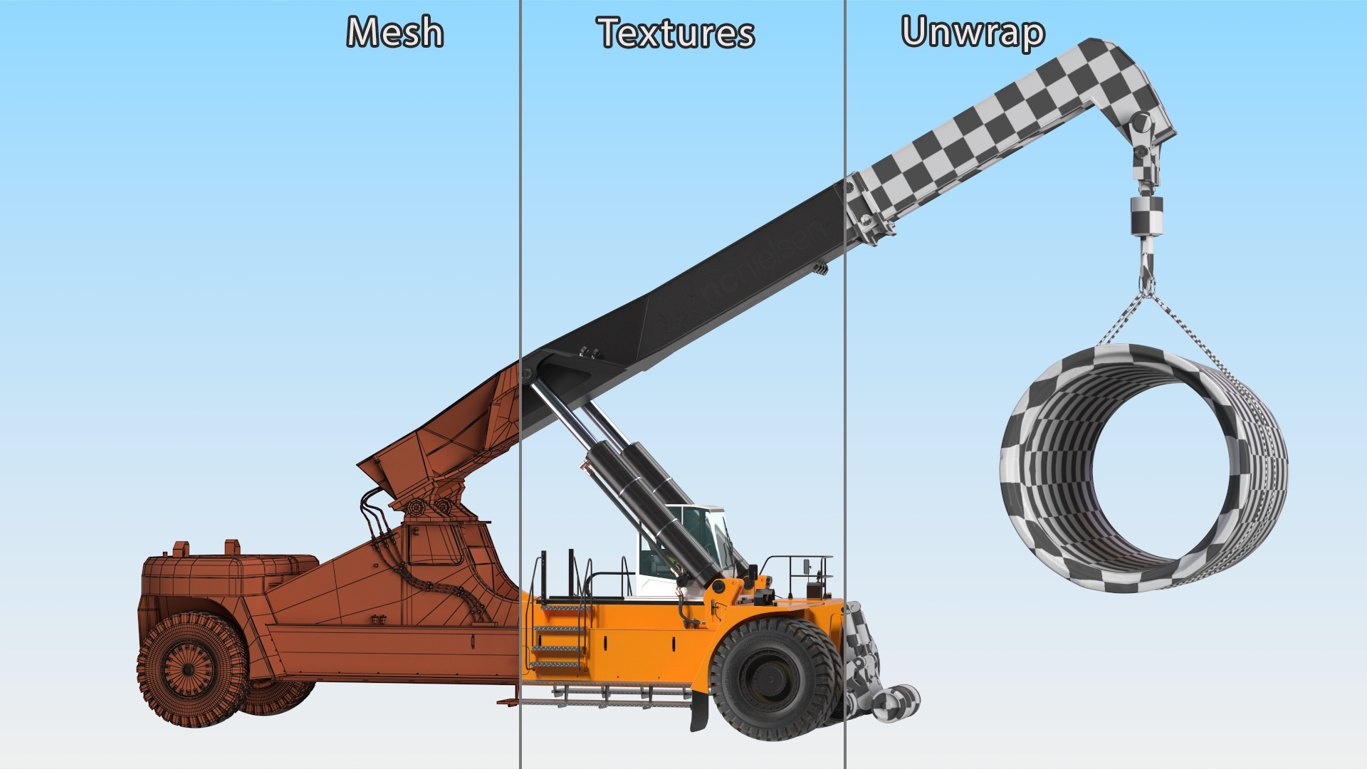 Worker on a Reachstacker Loading Concrete Pipes 3D