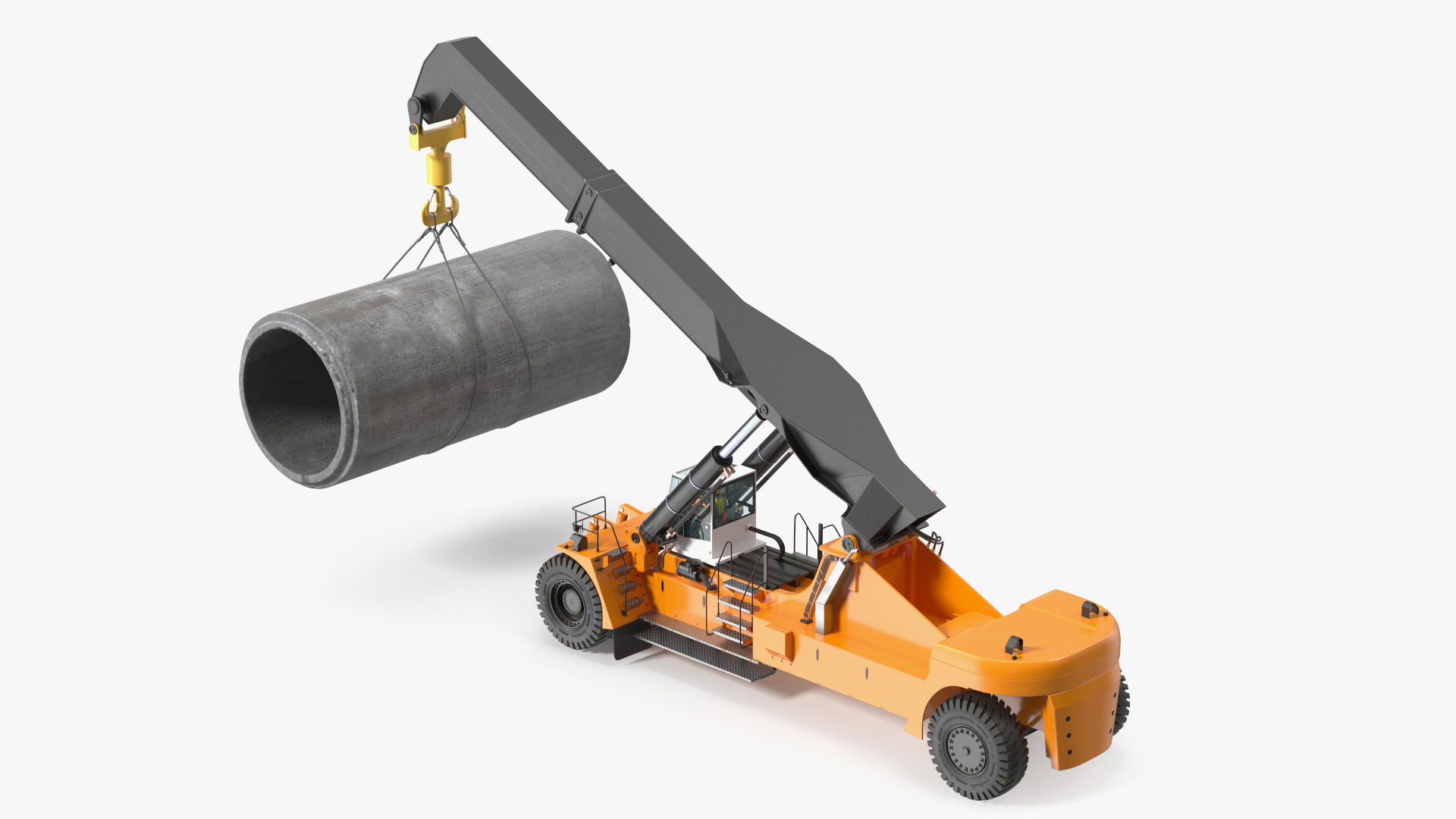 Worker on a Reachstacker Loading Concrete Pipes 3D