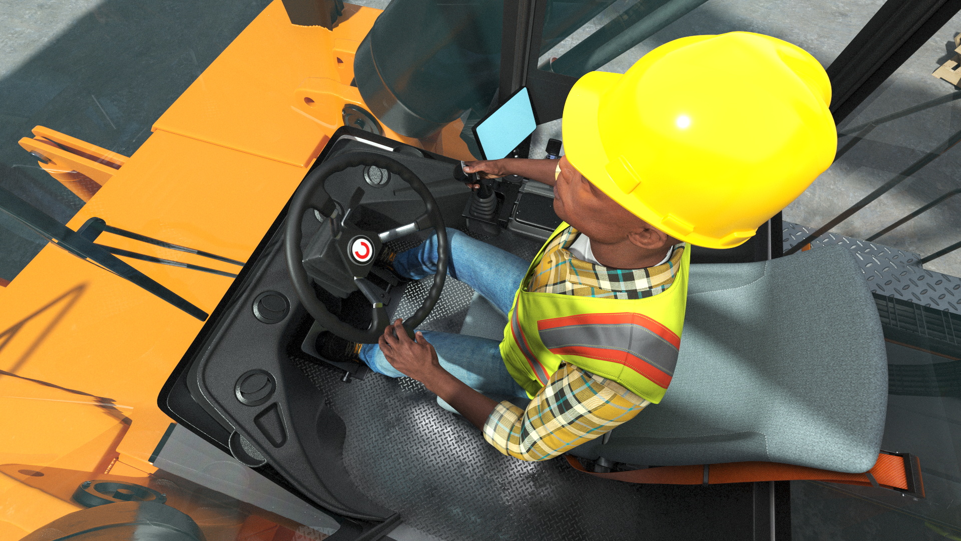 Worker on a Reachstacker Loading Concrete Pipes 3D