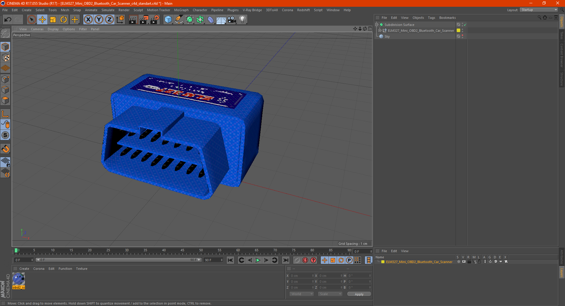 3D ELM327 Mini OBD2 Bluetooth Car Scanner model