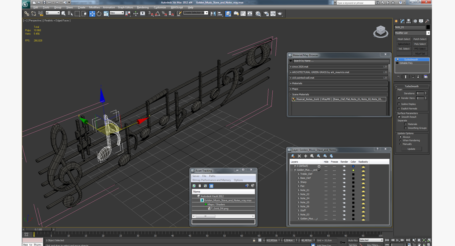3D Golden Music Stave and Notes model