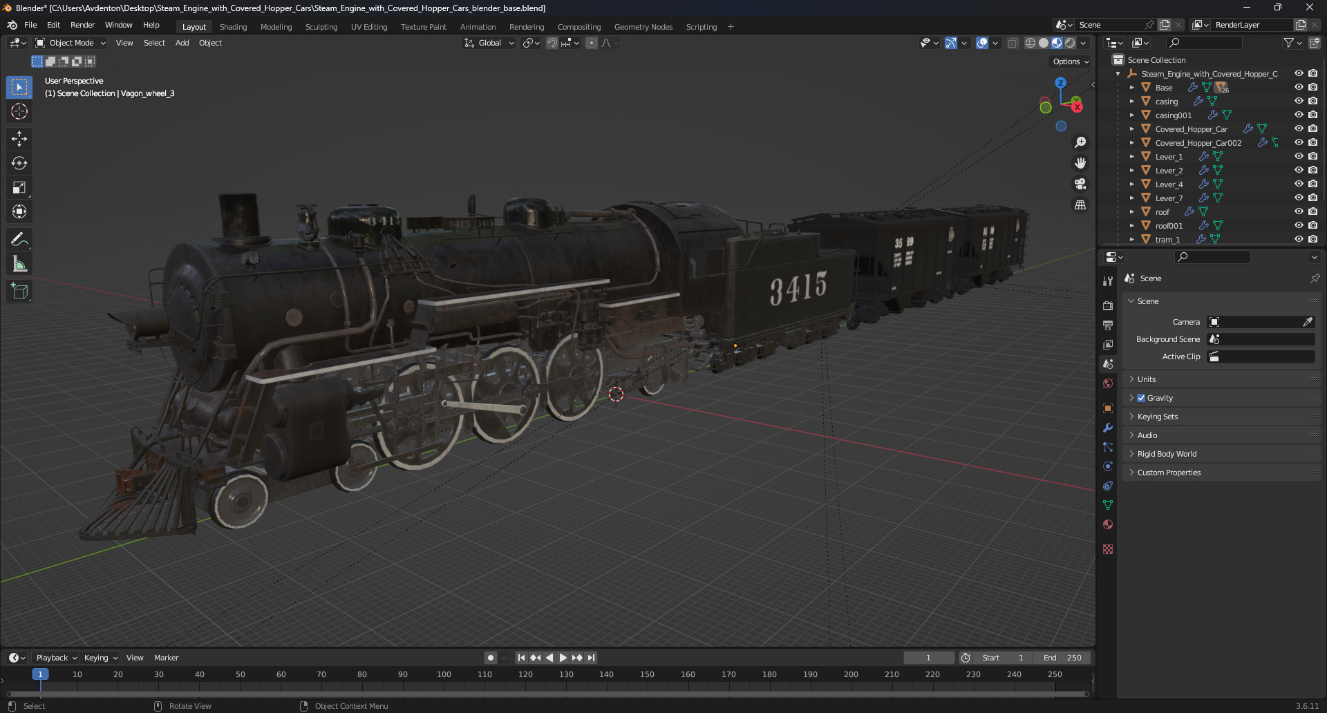 Steam Engine with Covered Hopper Cars 3D