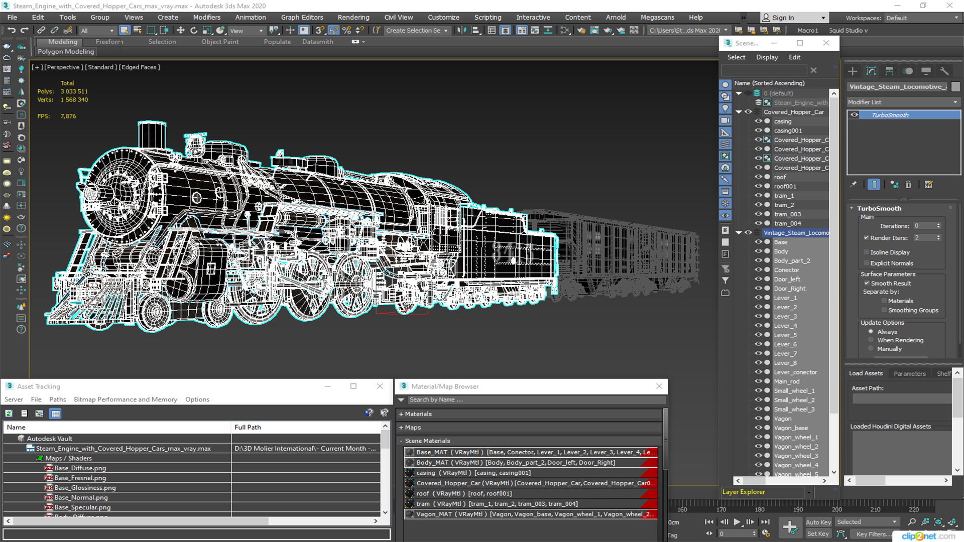 Steam Engine with Covered Hopper Cars 3D