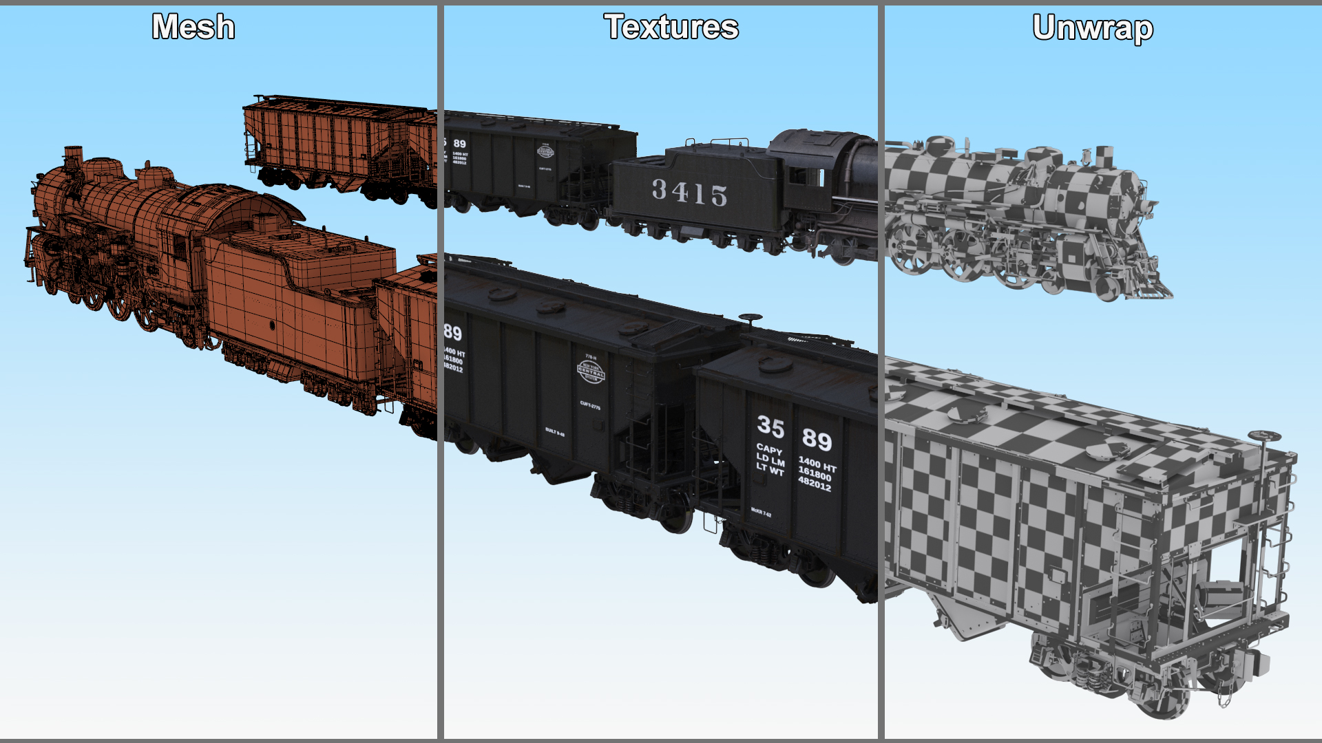 Steam Engine with Covered Hopper Cars 3D