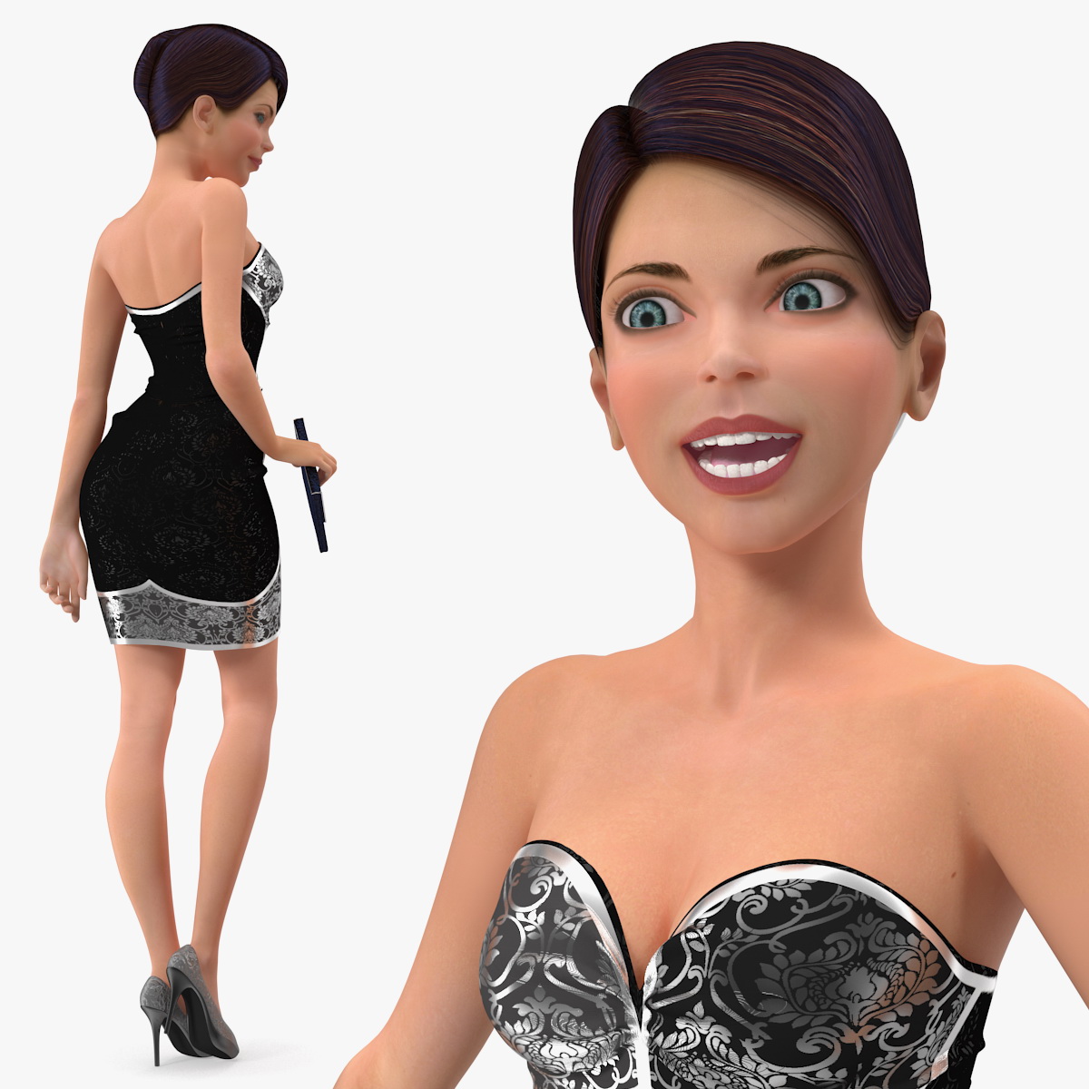 Cartoon Young Girl Party Clothes Rigged