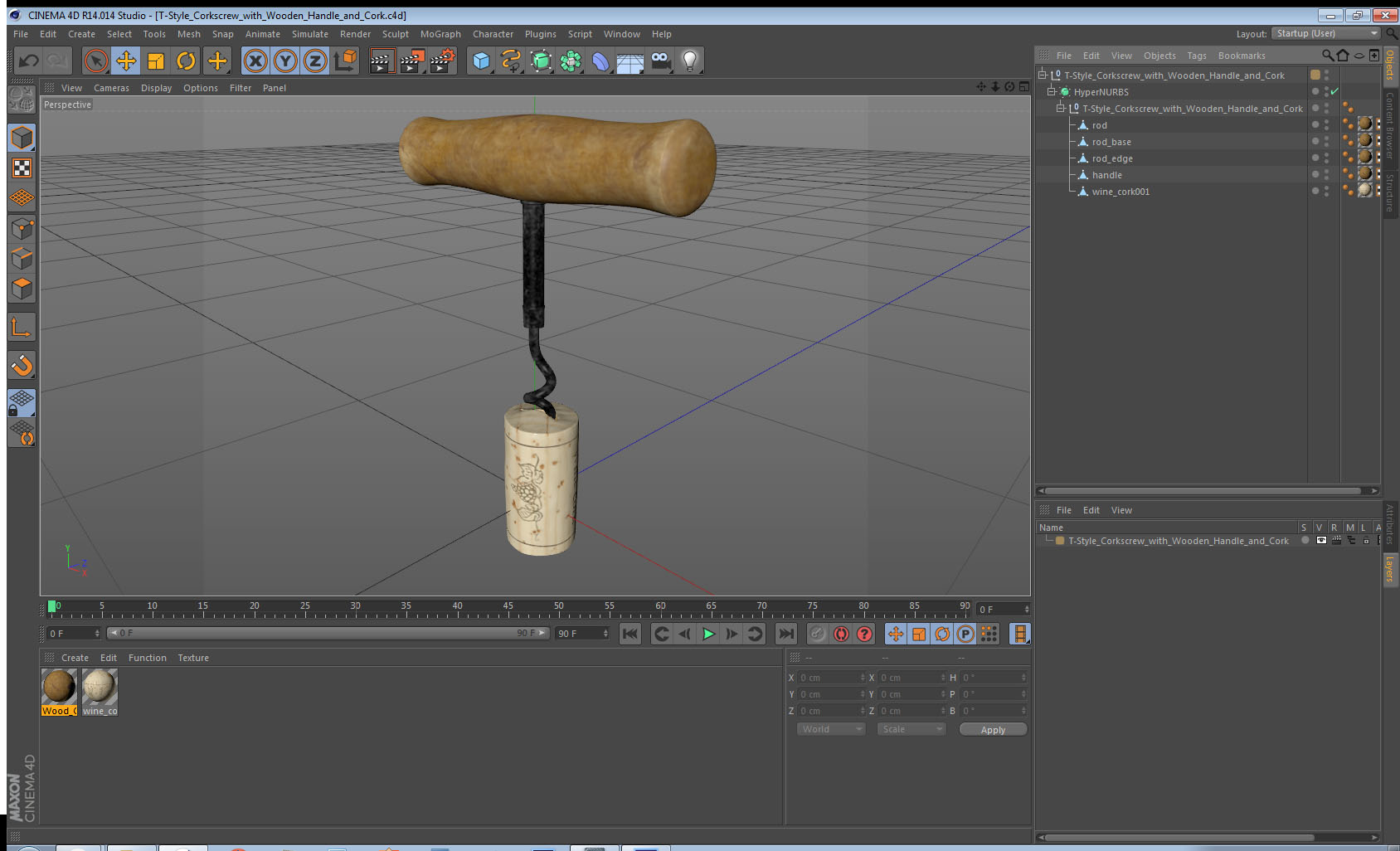 3D model T-Style Corkscrew with Wooden Handle and Cork