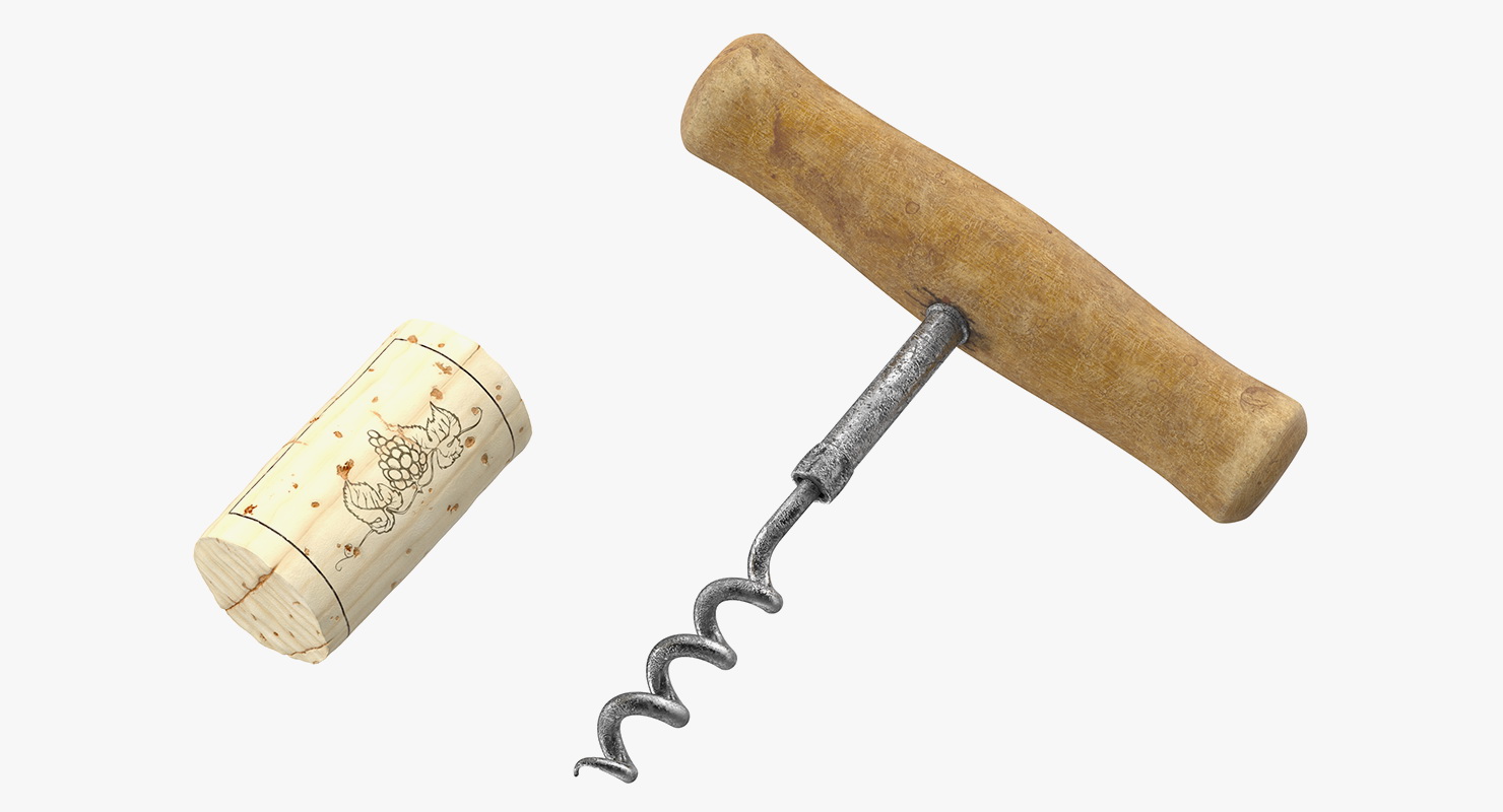 3D model T-Style Corkscrew with Wooden Handle and Cork
