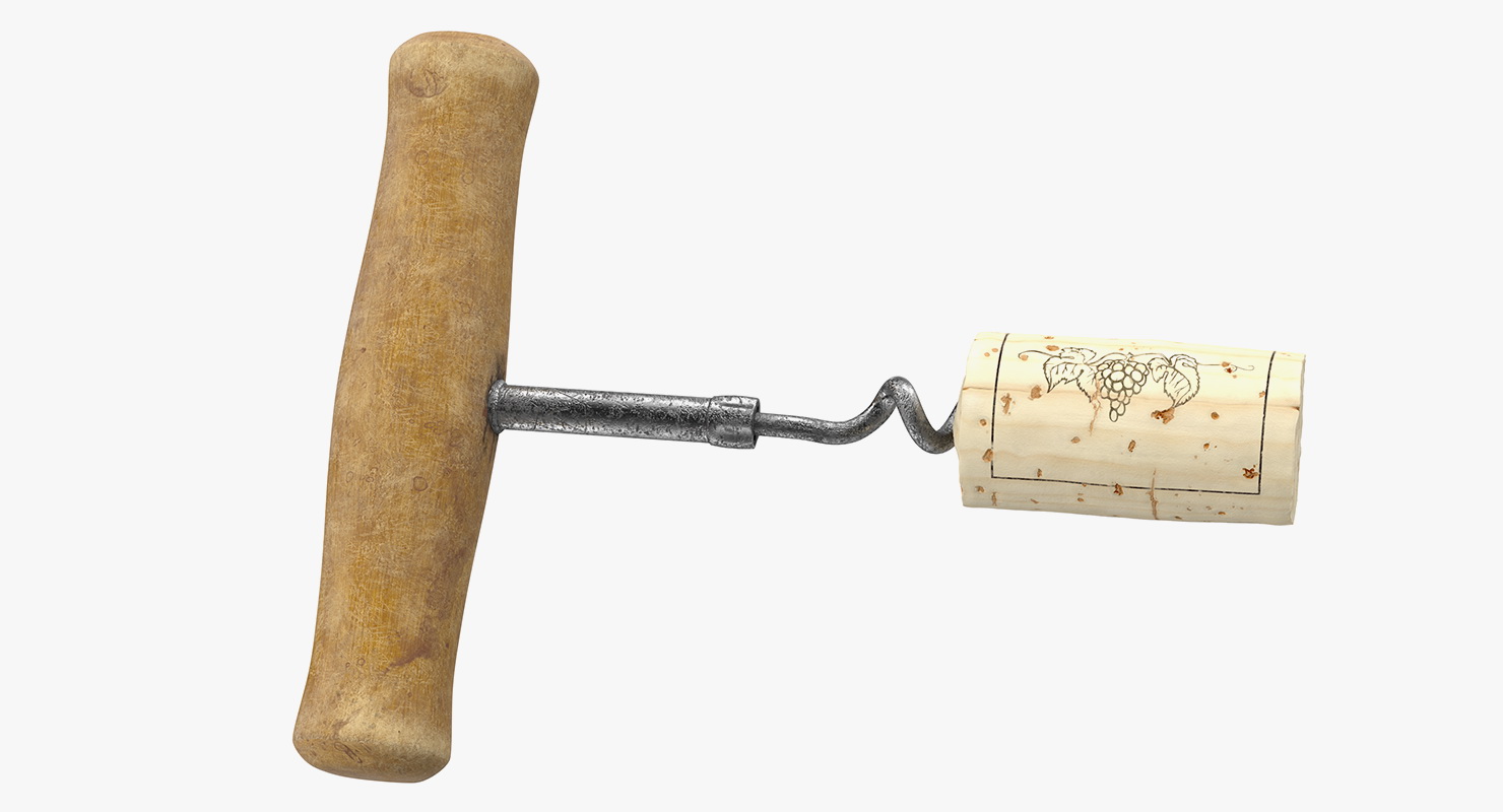 3D model T-Style Corkscrew with Wooden Handle and Cork