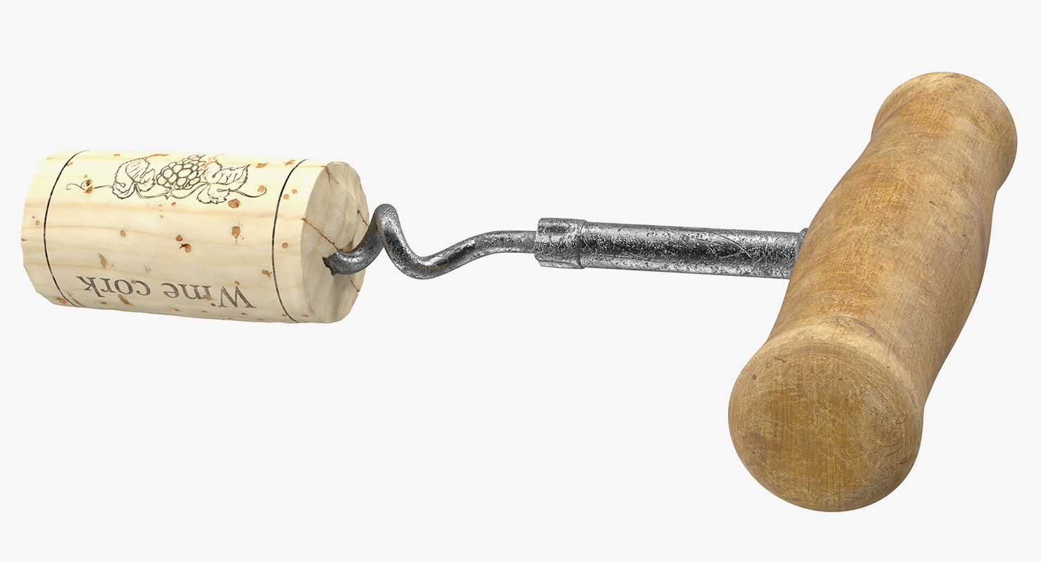 3D model T-Style Corkscrew with Wooden Handle and Cork