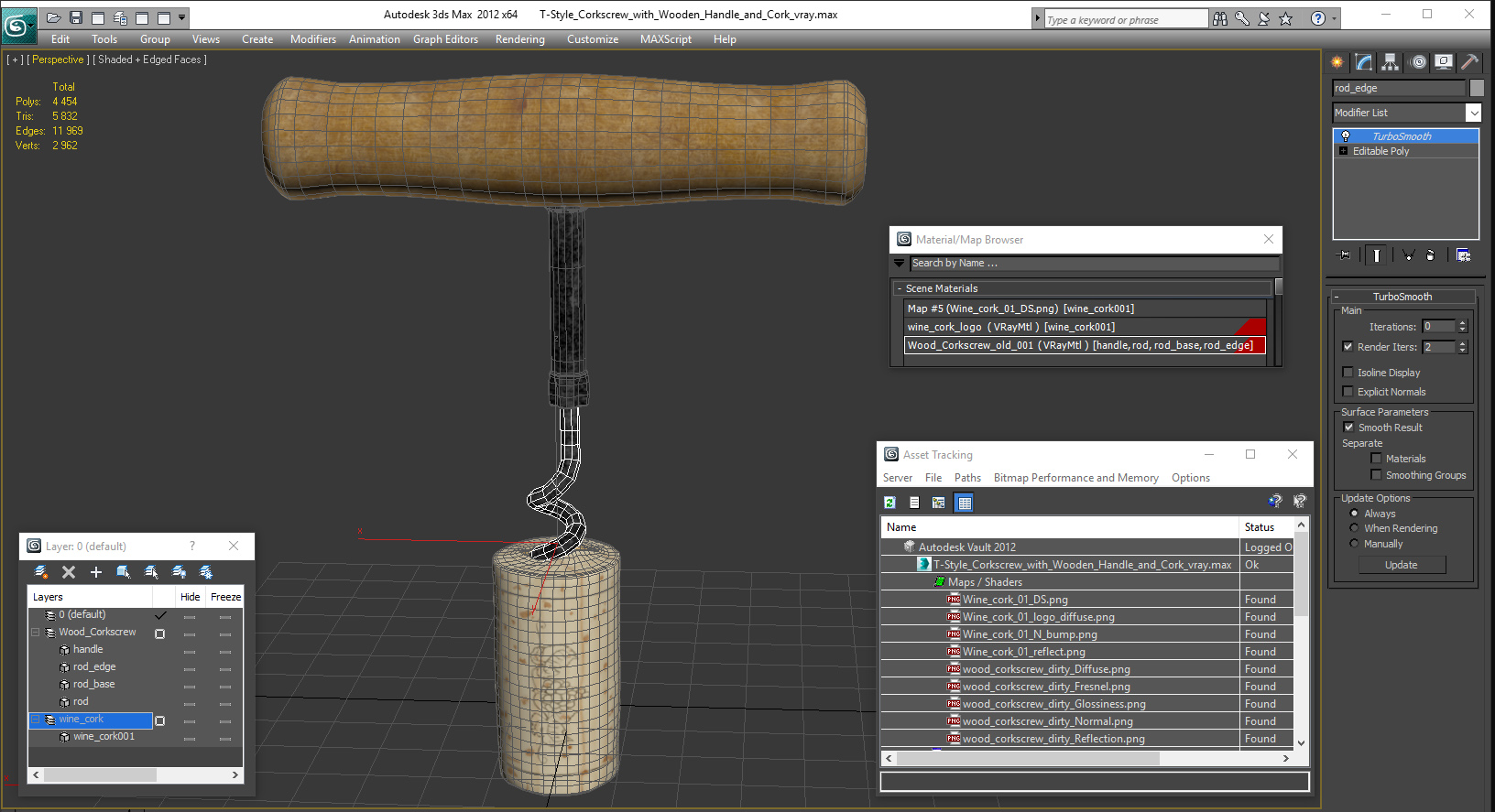 3D model T-Style Corkscrew with Wooden Handle and Cork