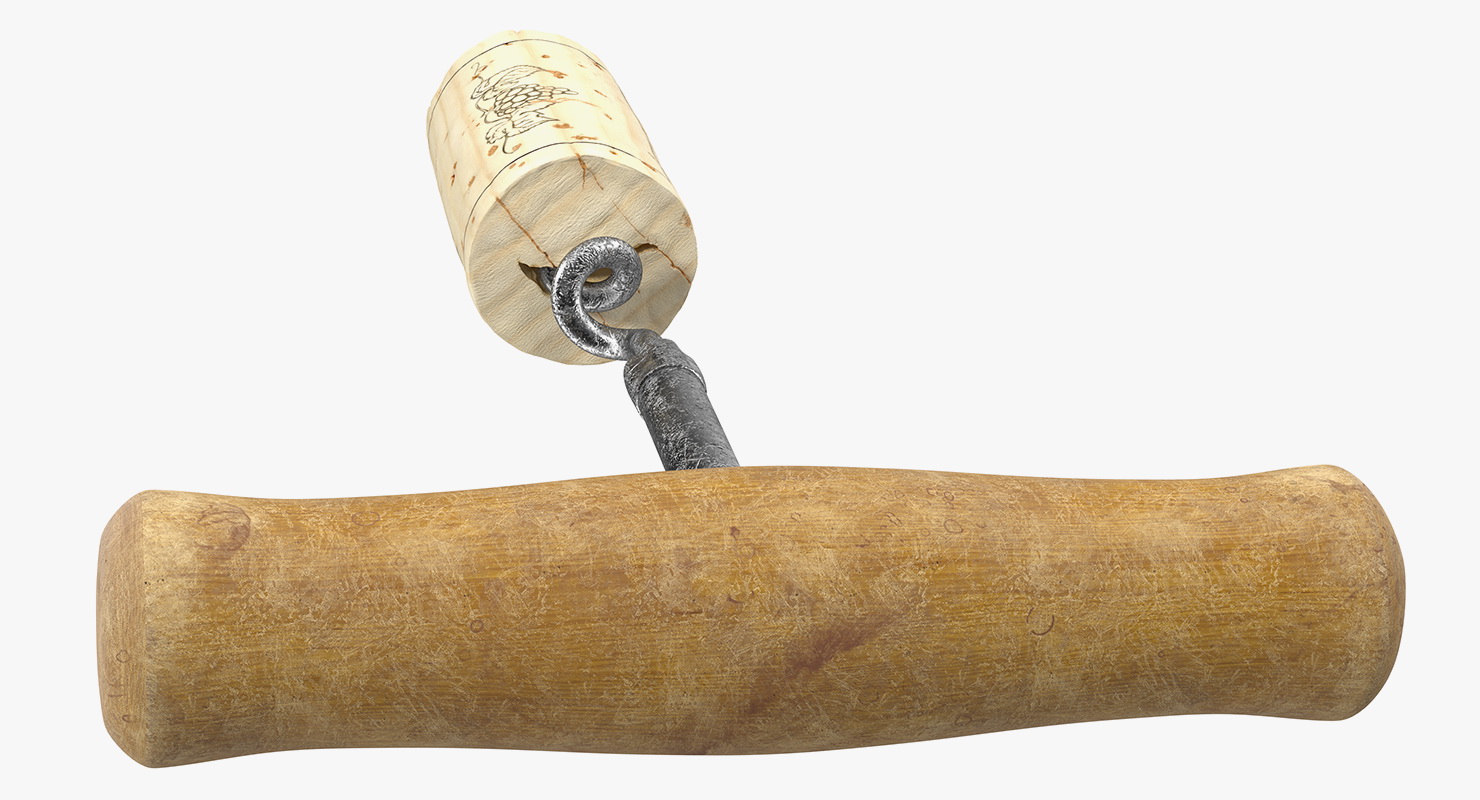3D model T-Style Corkscrew with Wooden Handle and Cork