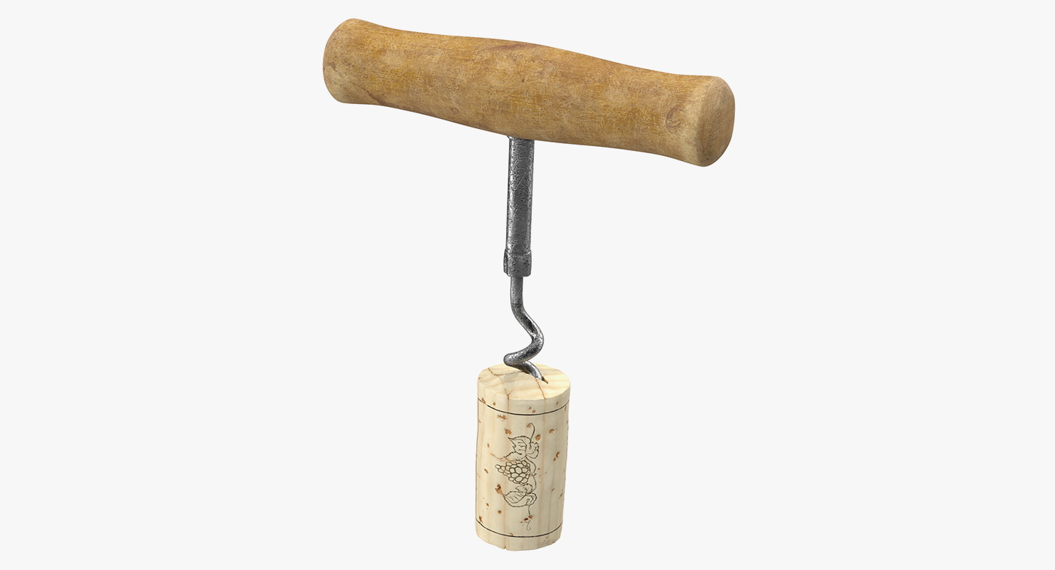 3D model T-Style Corkscrew with Wooden Handle and Cork
