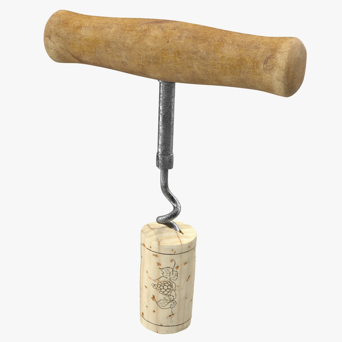 T-Style Corkscrew with Wooden Handle and Cork