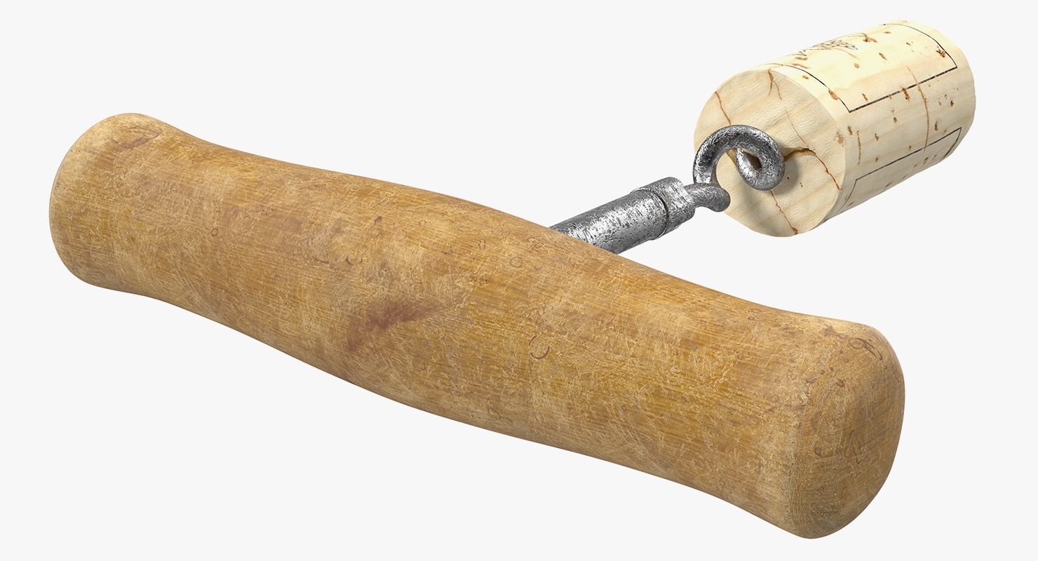 3D model T-Style Corkscrew with Wooden Handle and Cork