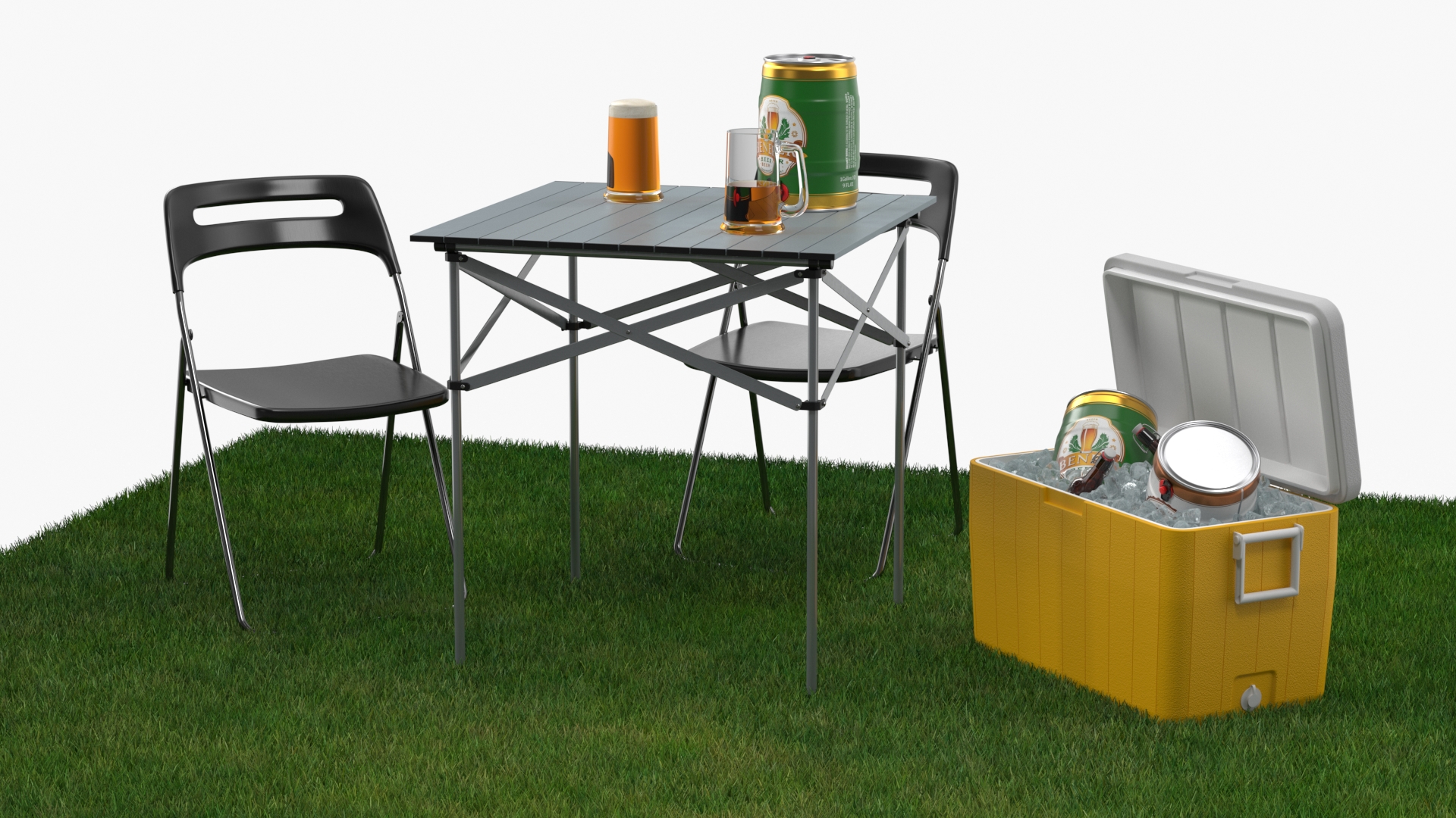 Outdoor Picnic Set with Folding Table Chairs and Cooler with Fur 3D model