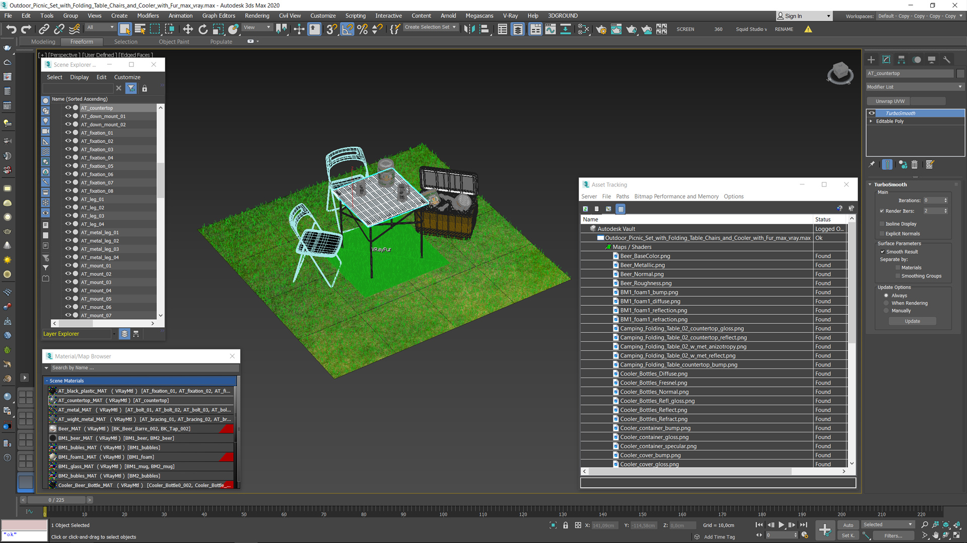 Outdoor Picnic Set with Folding Table Chairs and Cooler with Fur 3D model