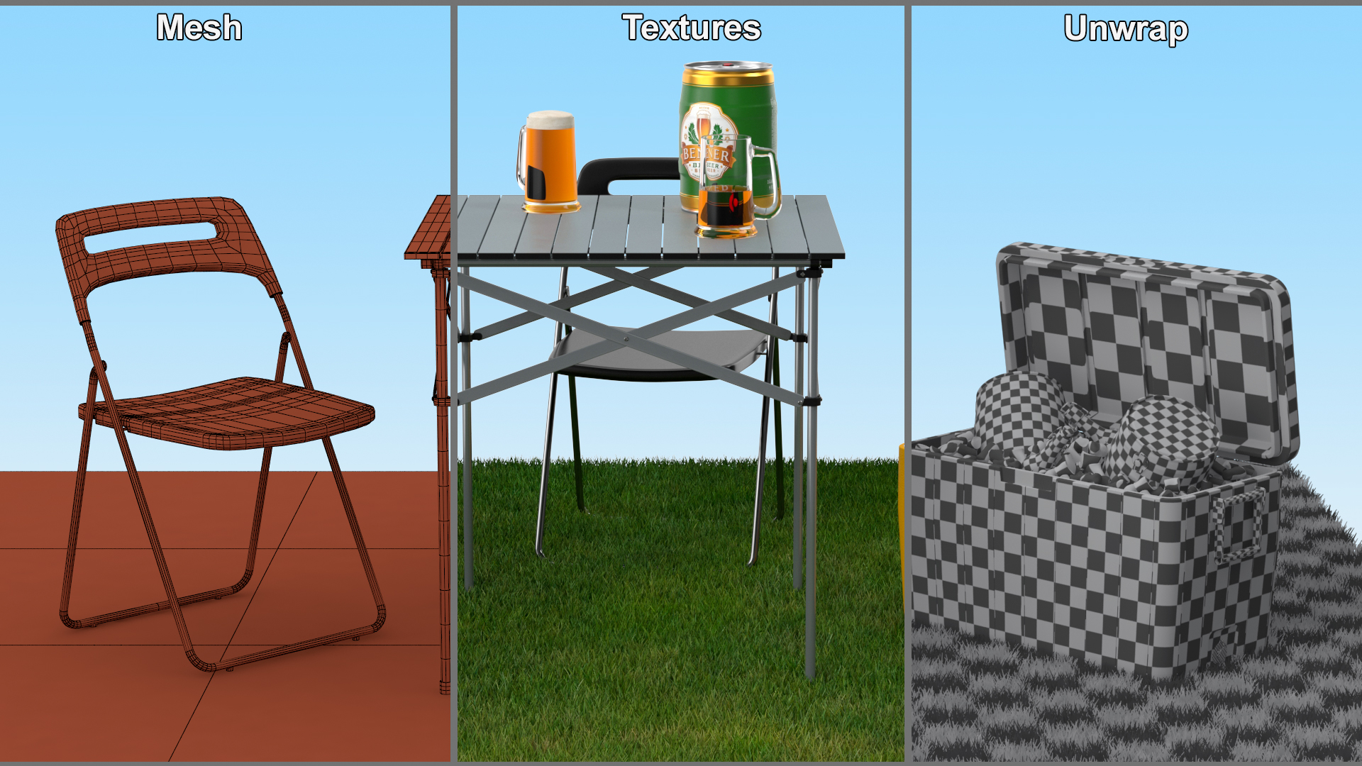 Outdoor Picnic Set with Folding Table Chairs and Cooler with Fur 3D model