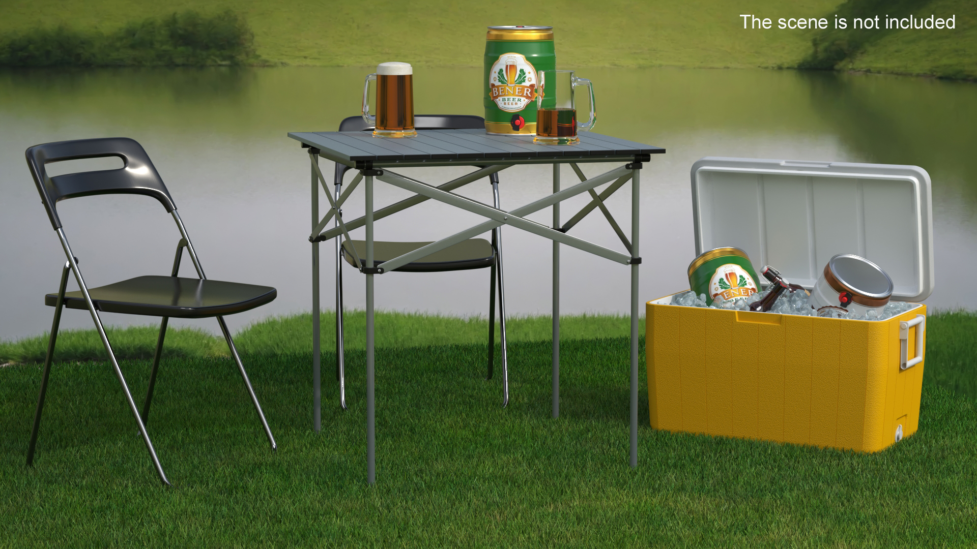 Outdoor Picnic Set with Folding Table Chairs and Cooler with Fur 3D model