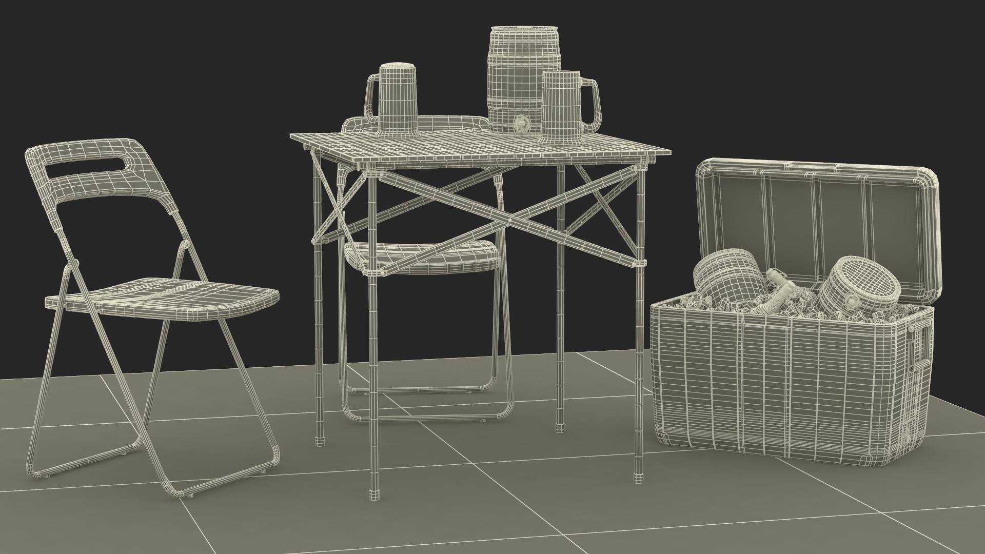 Outdoor Picnic Set with Folding Table Chairs and Cooler with Fur 3D model