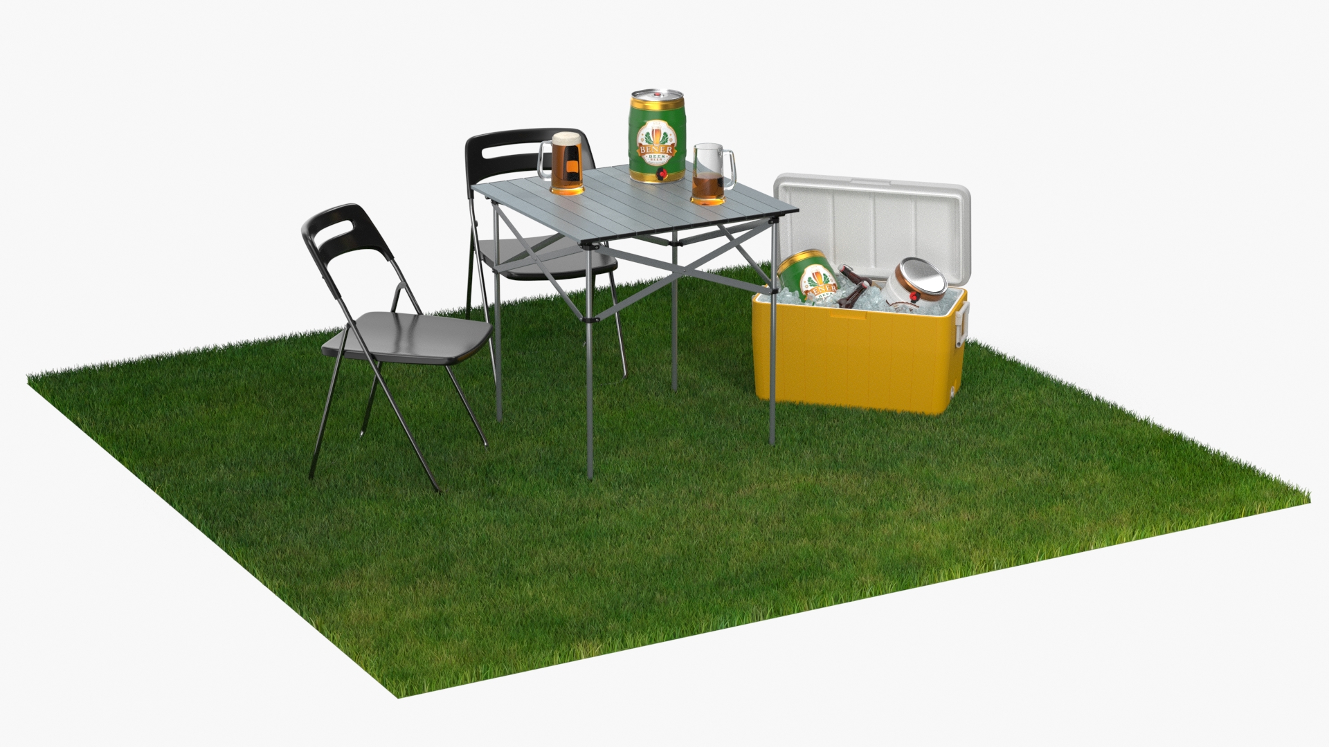 Outdoor Picnic Set with Folding Table Chairs and Cooler with Fur 3D model