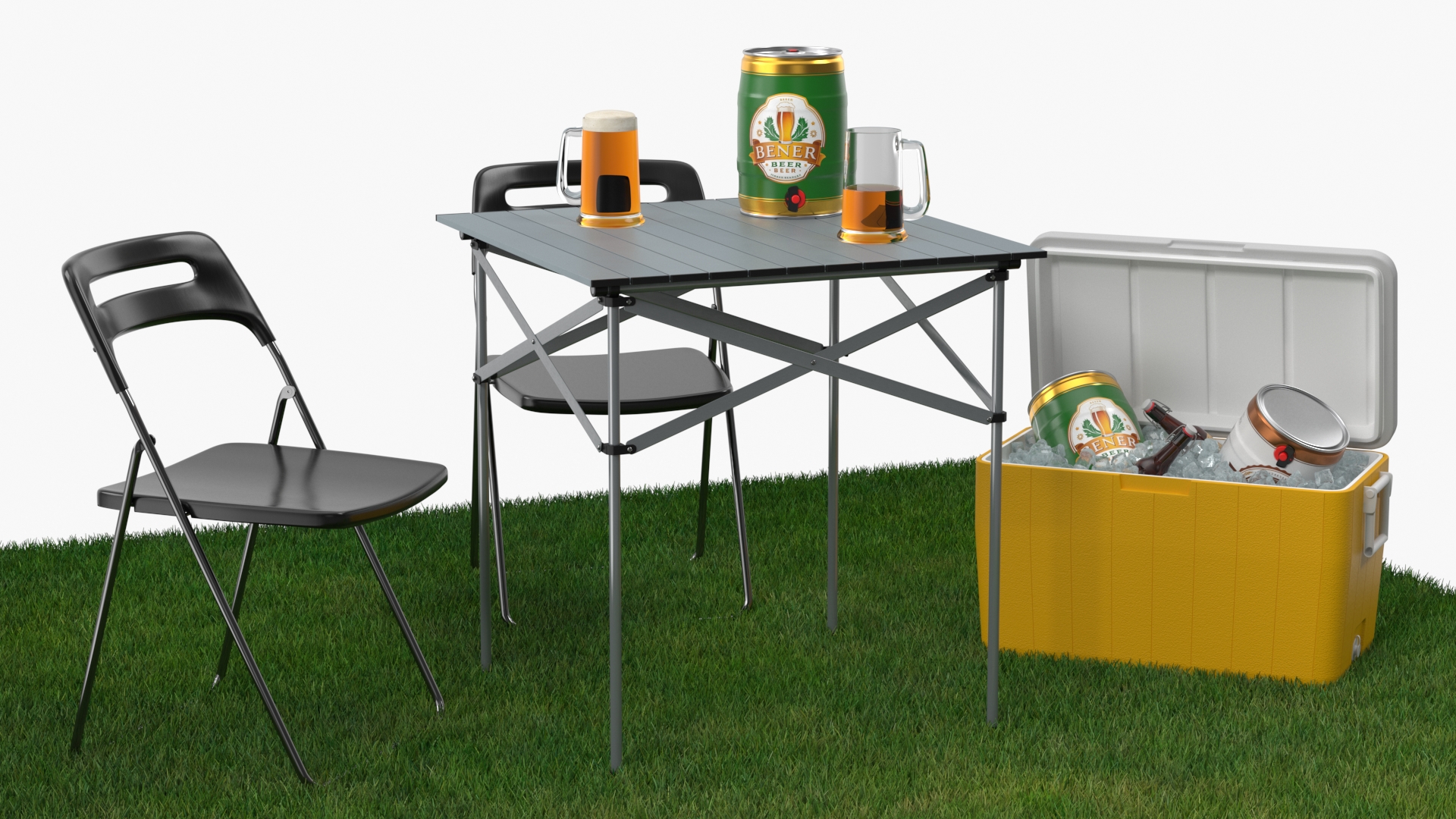 Outdoor Picnic Set with Folding Table Chairs and Cooler with Fur 3D model