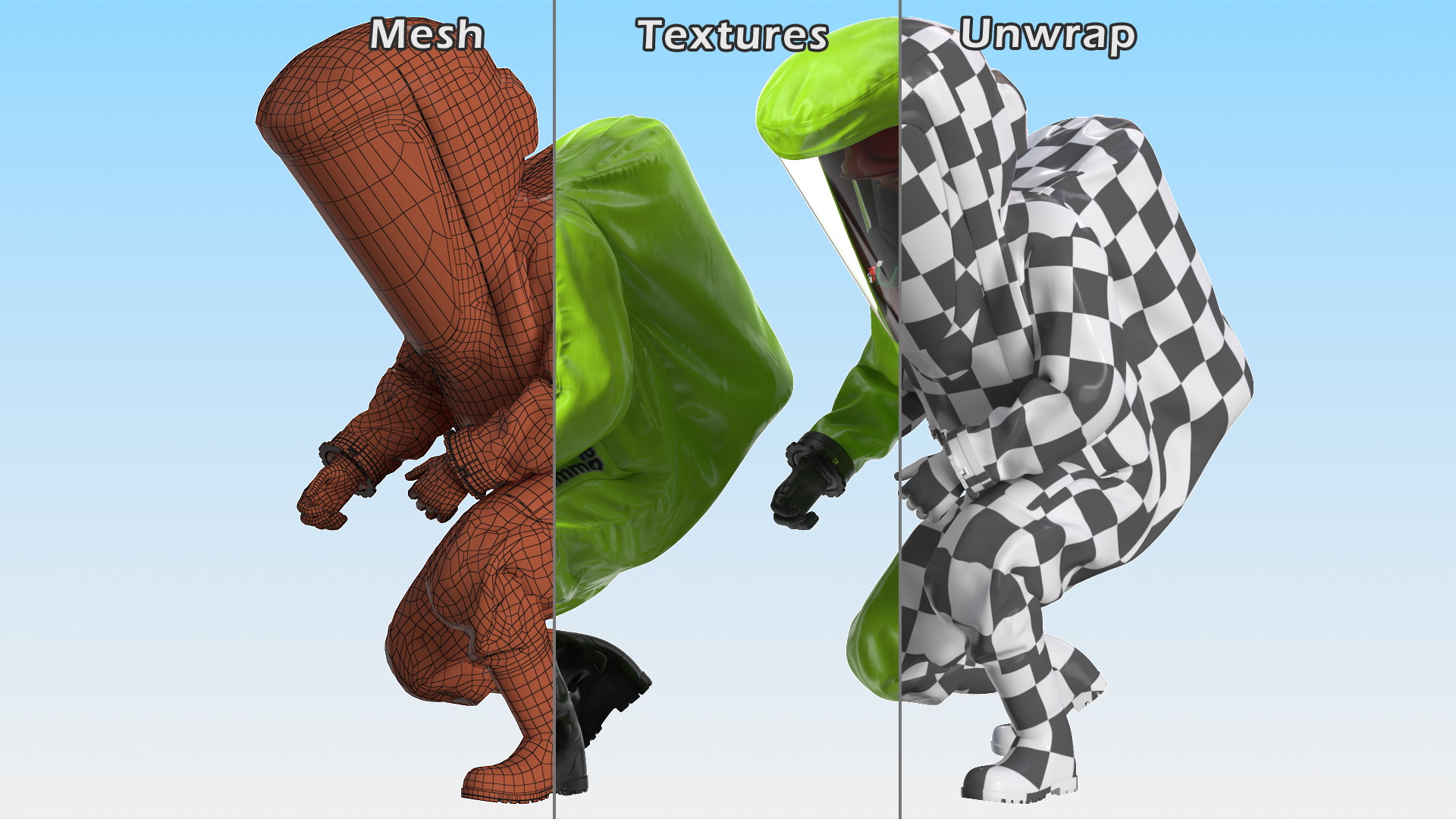 Heavy Duty Chemical Protective Suit Squat Pose Green 3D