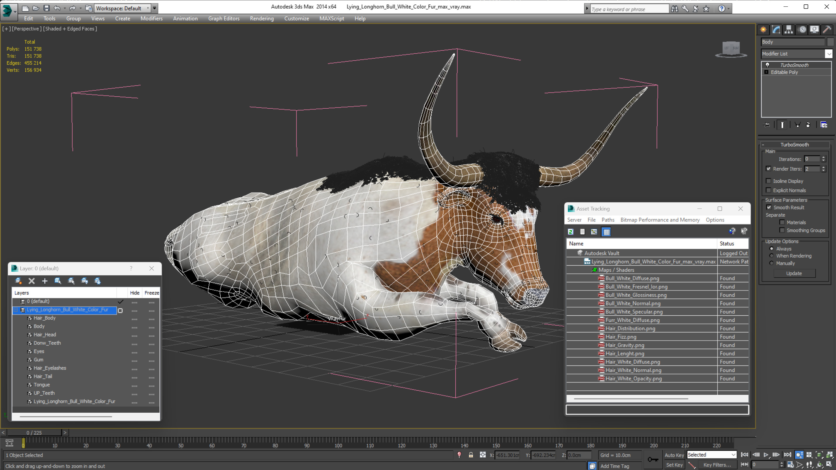 3D model Lying Longhorn Bull White Color Fur