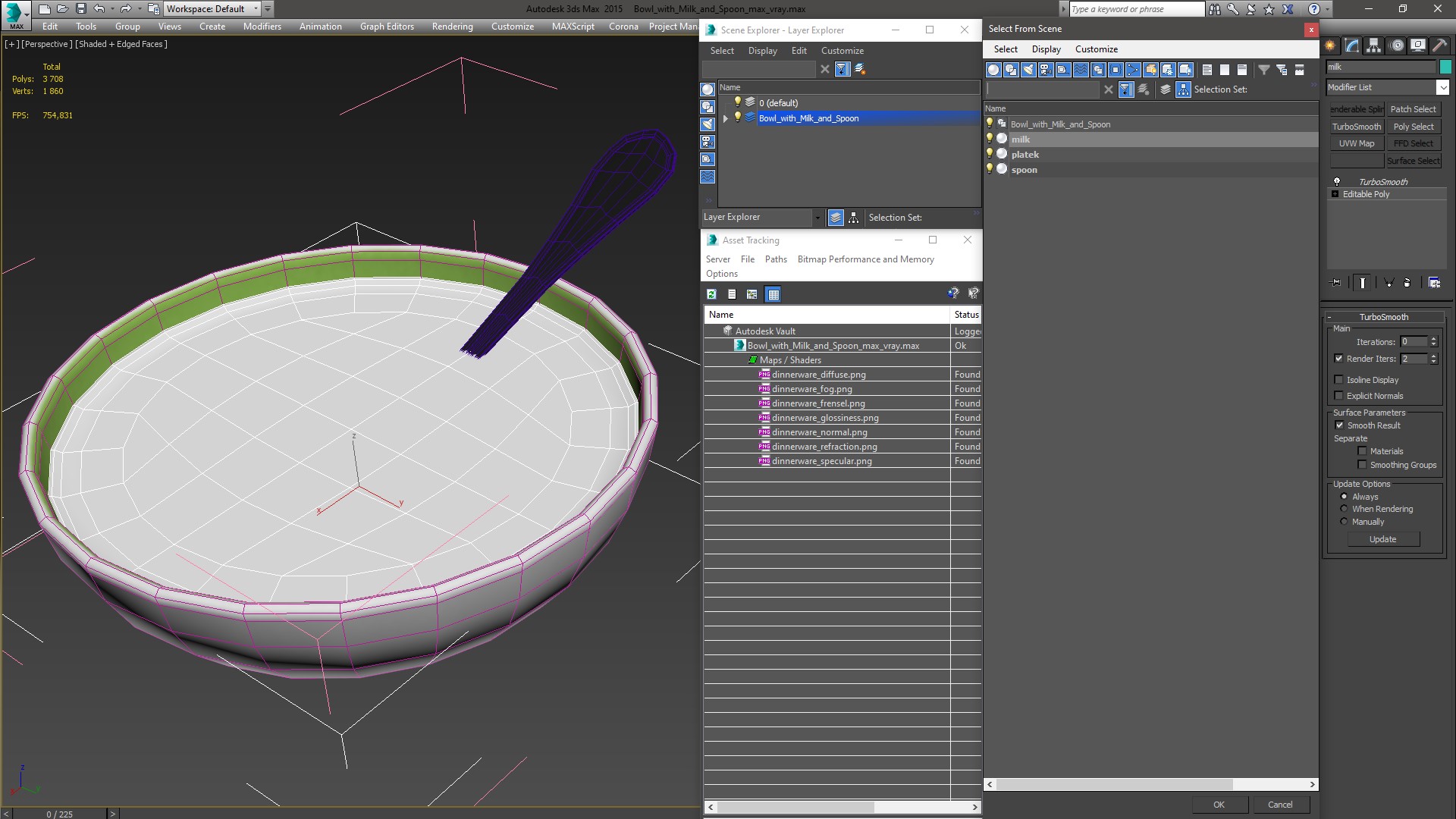Bowl with Milk and Spoon 3D model