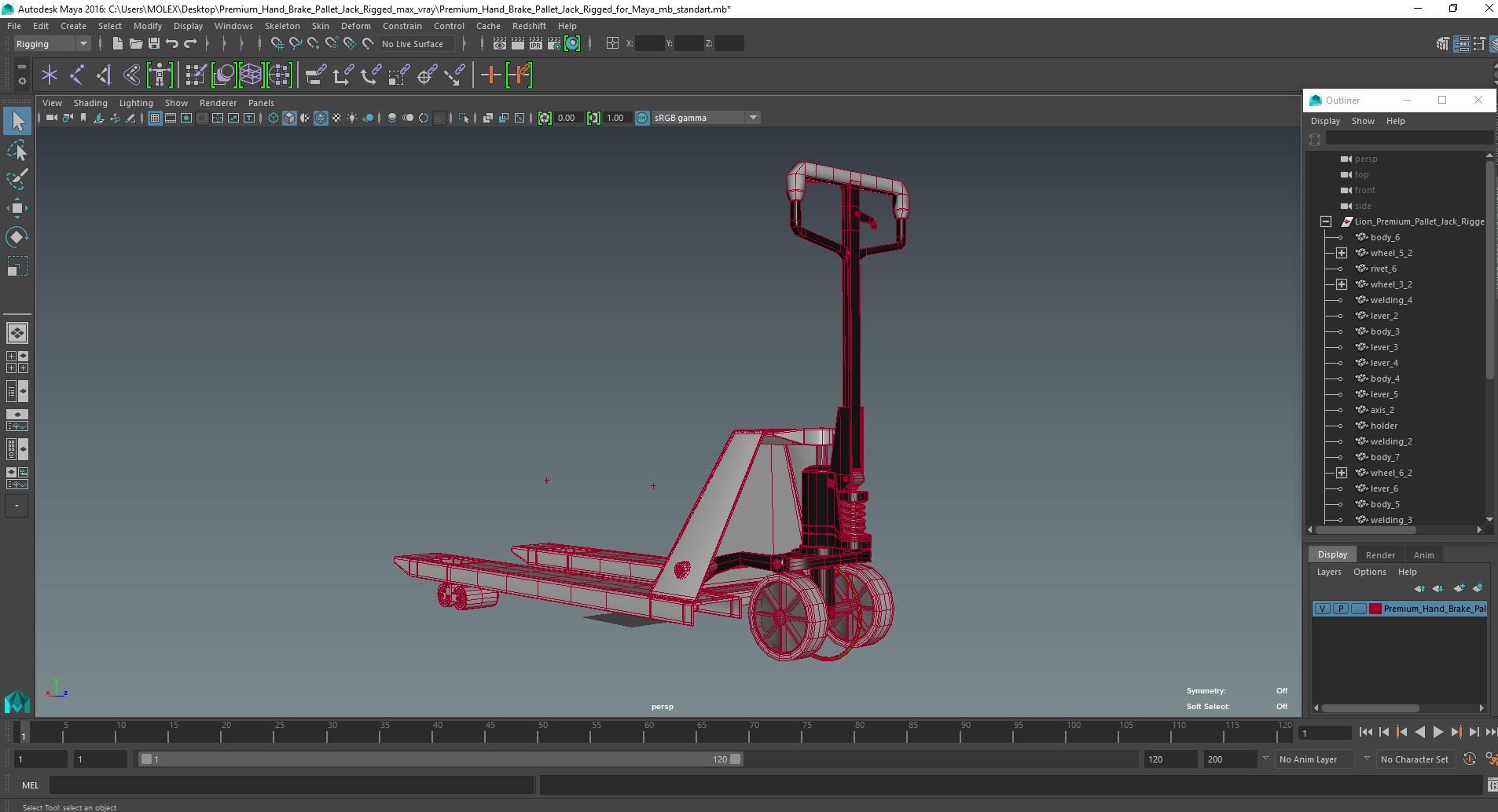 3D Premium Hand Brake Pallet Jack Rigged for Maya