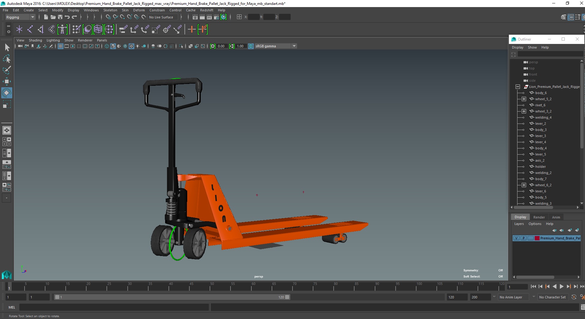 3D Premium Hand Brake Pallet Jack Rigged for Maya