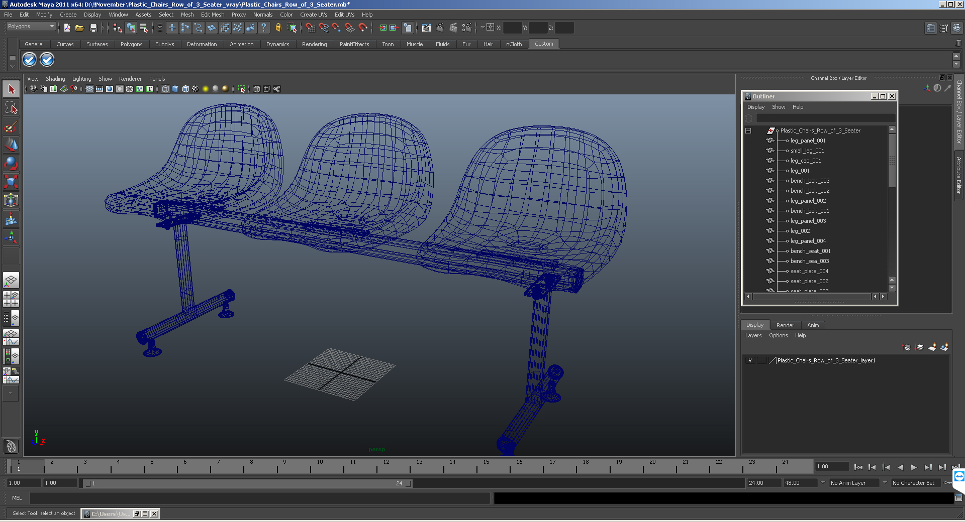 3D model Plastic Chairs Row of 3 Seater