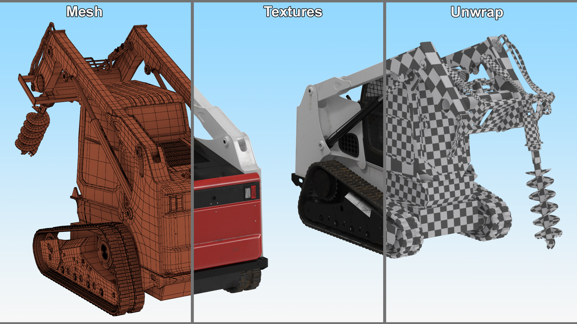 Track Skid Steer with Post Hole Auger Rigged 3D model