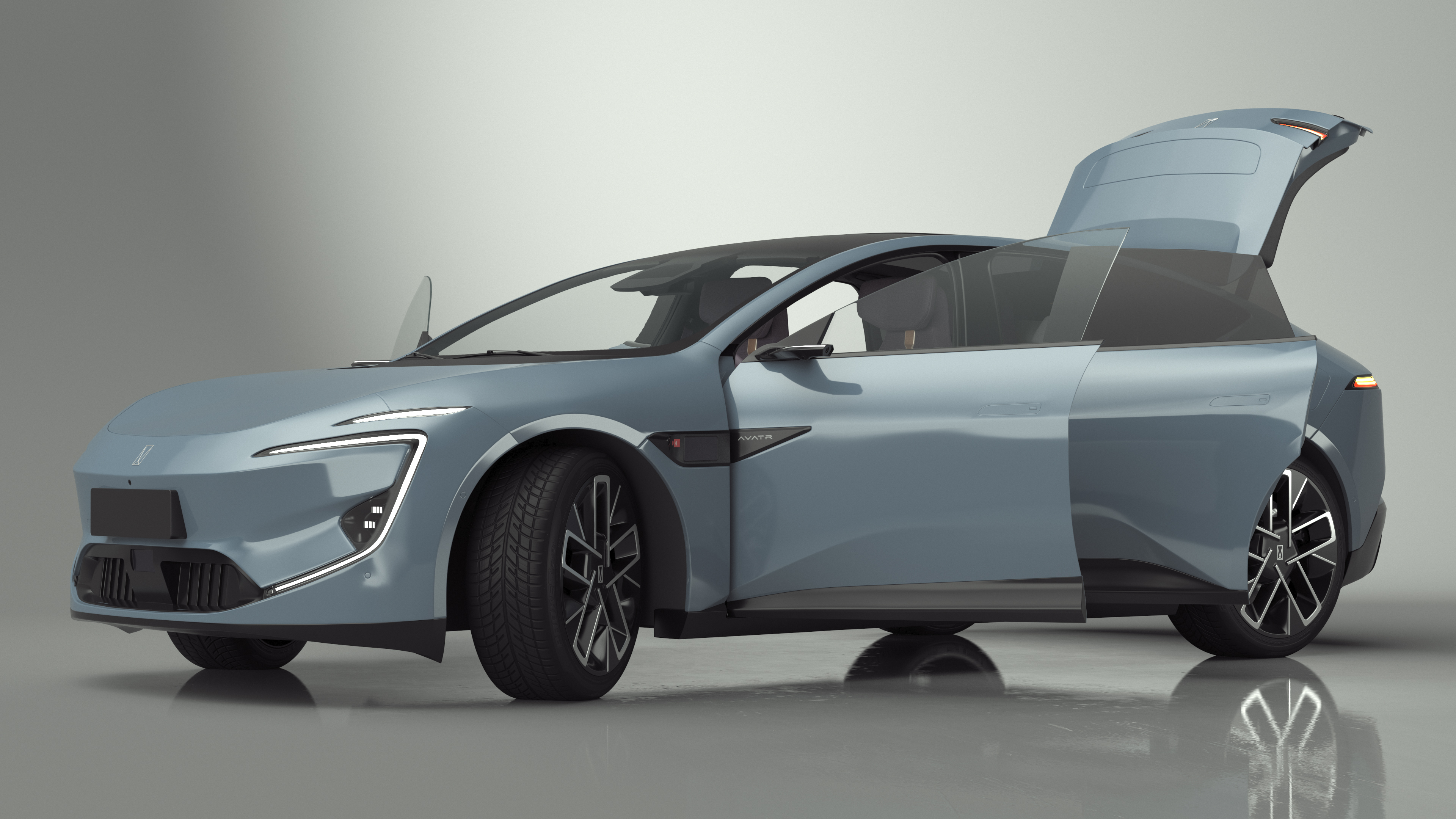 3D Avatr 12 EV Blue Color with Headlights On Rigged model
