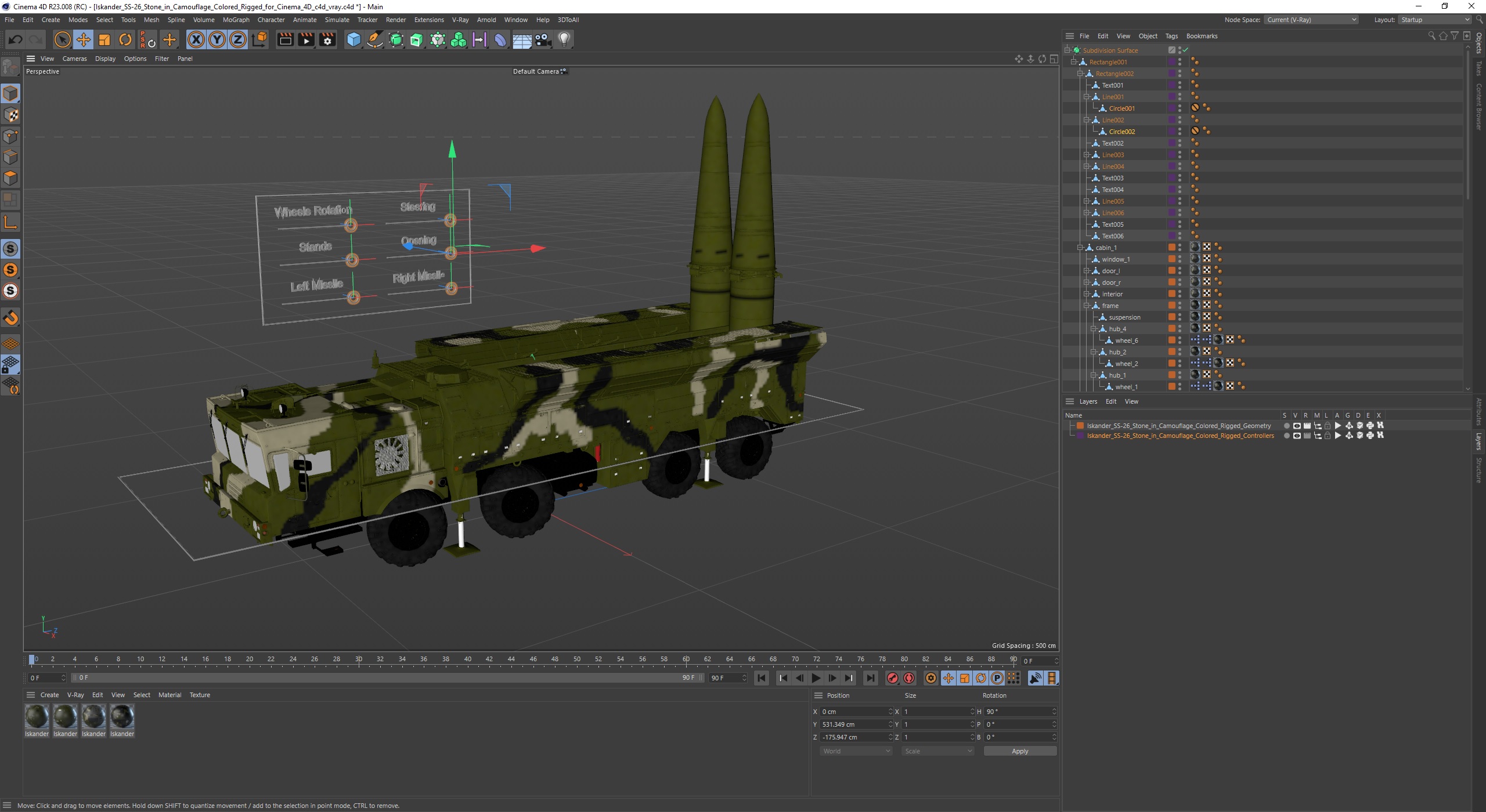 3D Iskander SS-26 Stone in Camouflage Colored Rigged for Cinema 4D model