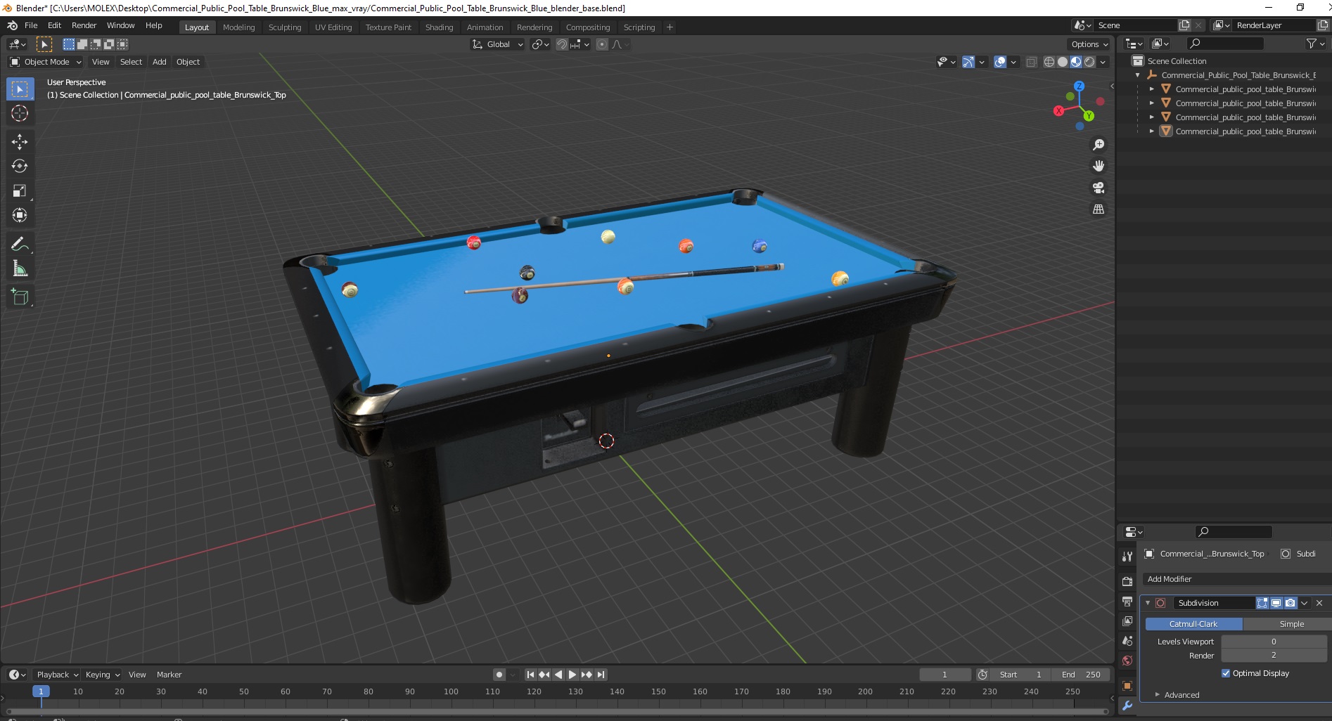 3D Commercial Public Pool Table Brunswick Blue model