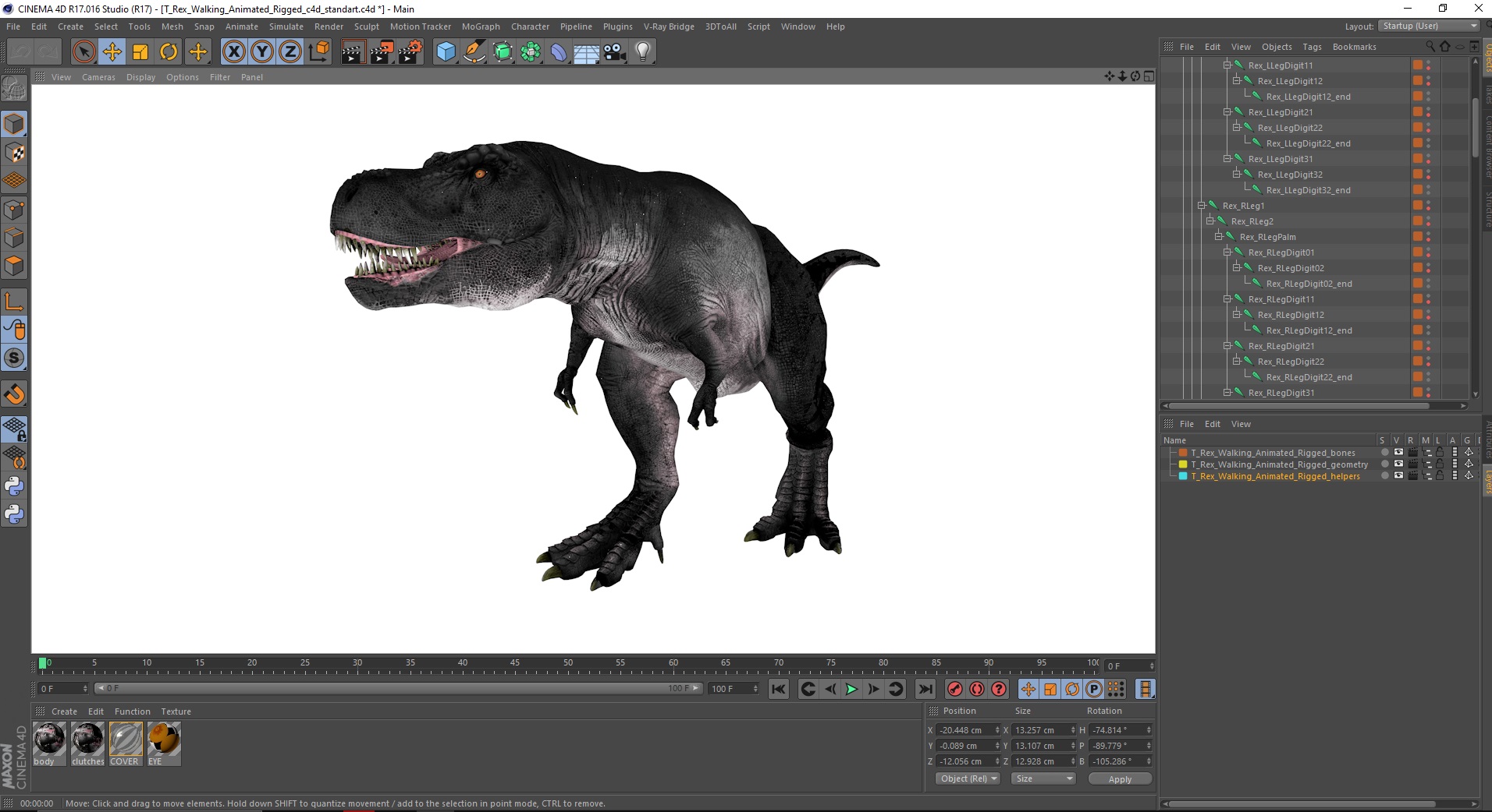 3D T Rex Walking Animated Rigged for Cinema 4D model
