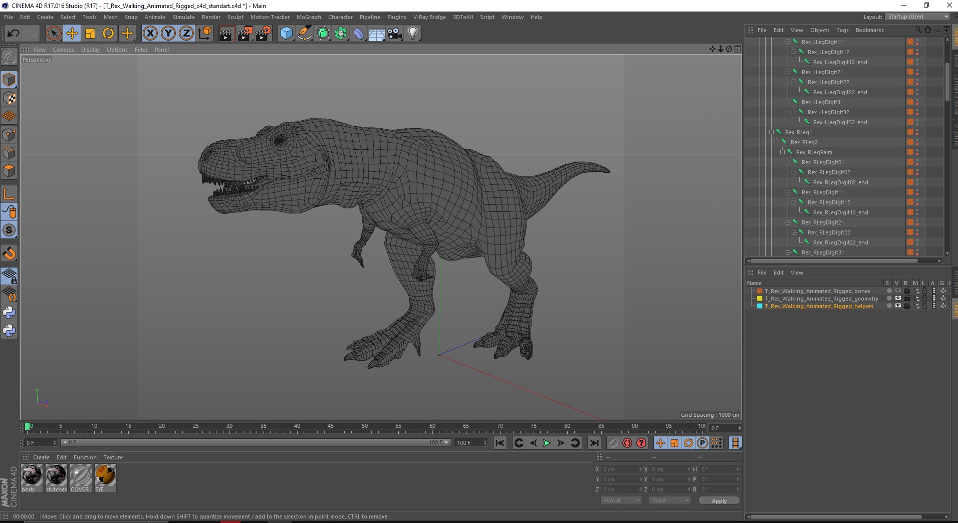 3D T Rex Walking Animated Rigged for Cinema 4D model