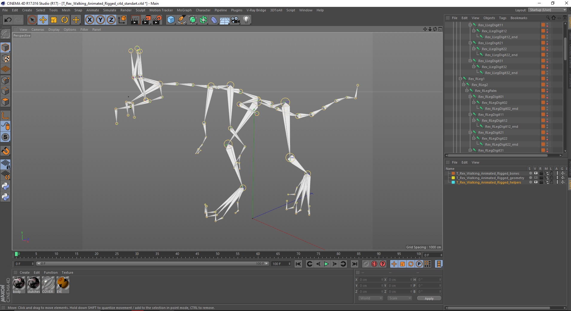 3D T Rex Walking Animated Rigged for Cinema 4D model