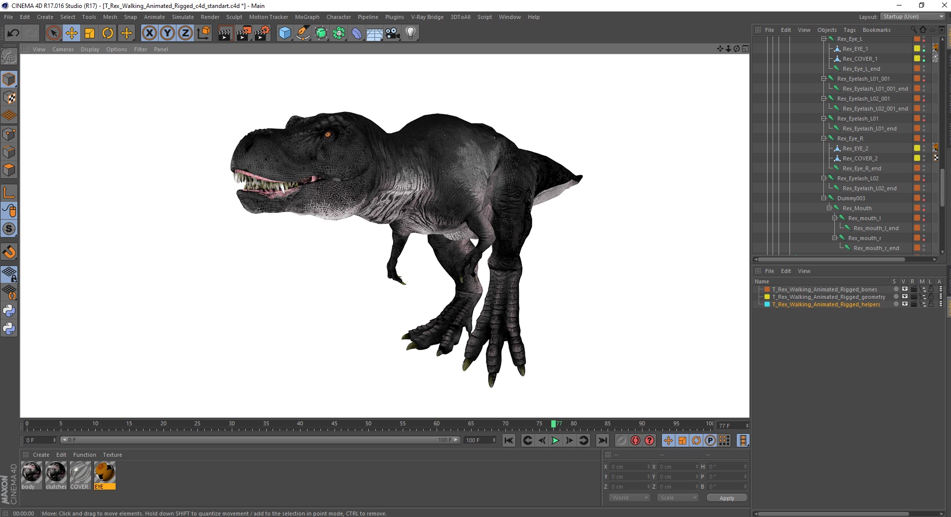 3D T Rex Walking Animated Rigged for Cinema 4D model