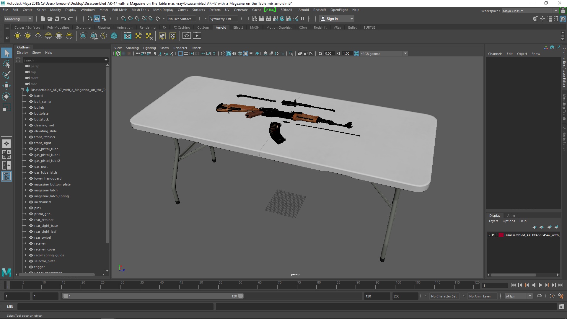 Disassembled AK-47 with a Magazine on the Table 3D
